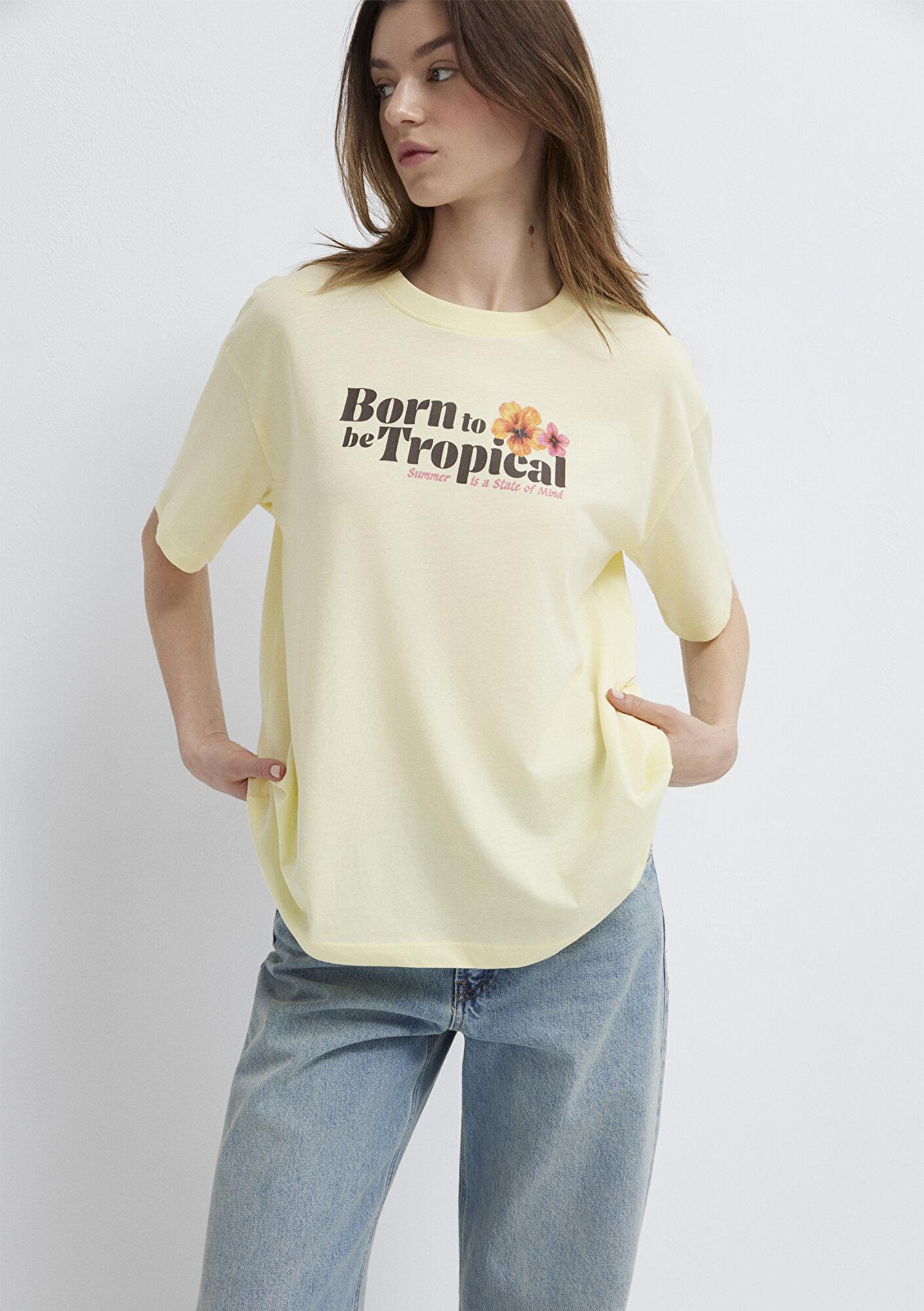 Mavi Tropical Baskılı Sarı Tişört Loose Fit / Bol Rahat Kesim 1614151-71305