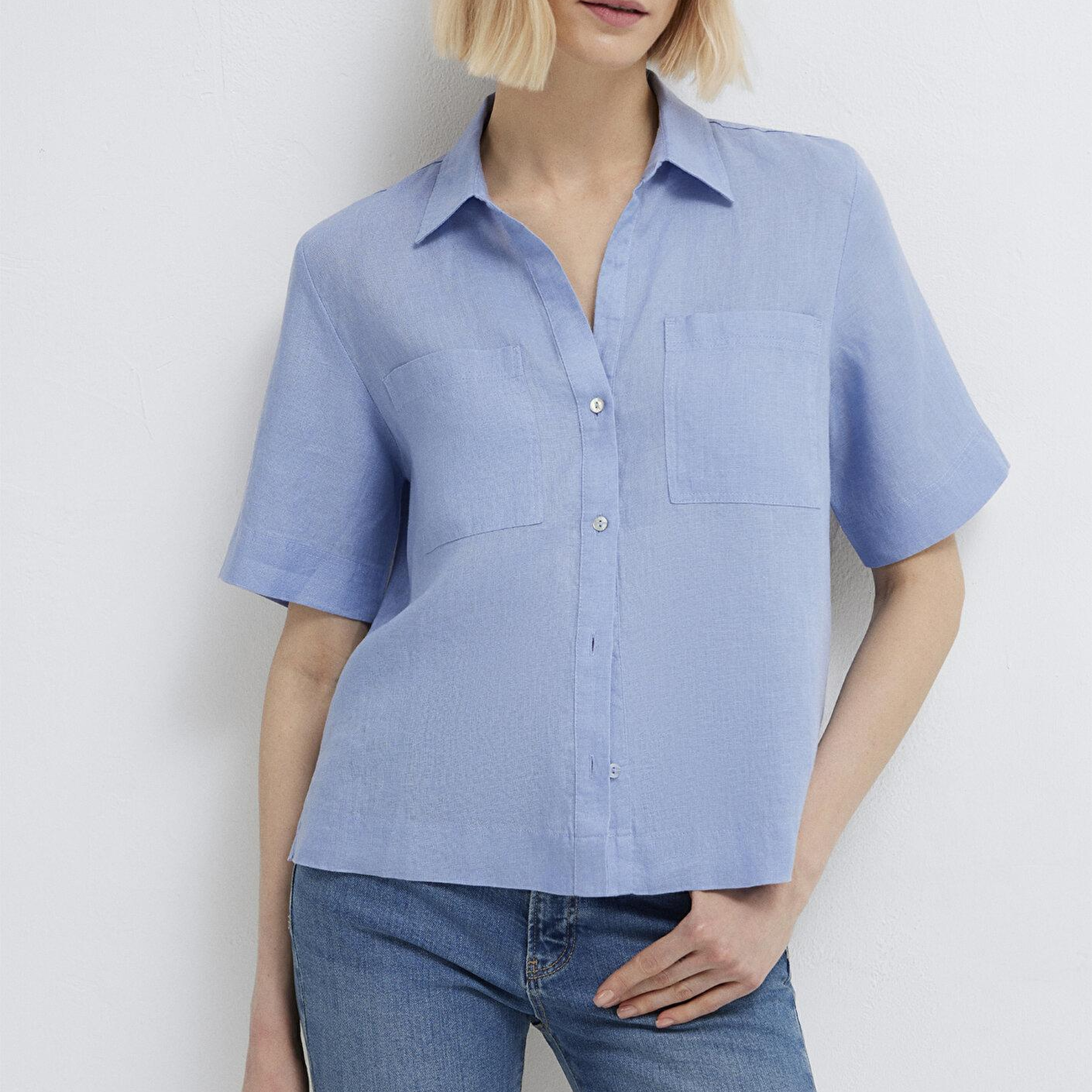Mavi Cepli Mavi Keten Gömlek Slim Fit / Dar Kesim 1211466-80874