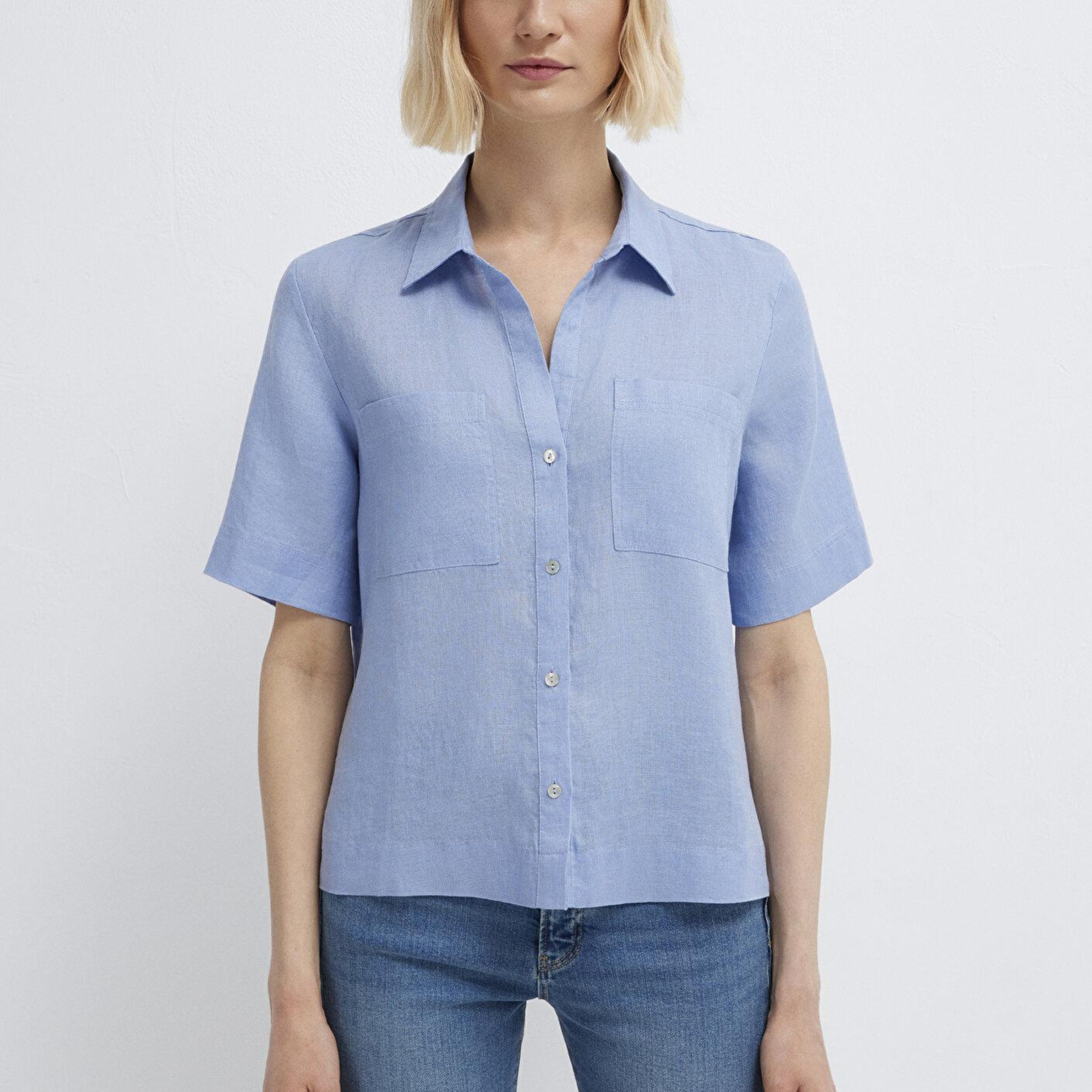 Mavi Cepli Mavi Keten Gömlek Slim Fit / Dar Kesim 1211466-80874