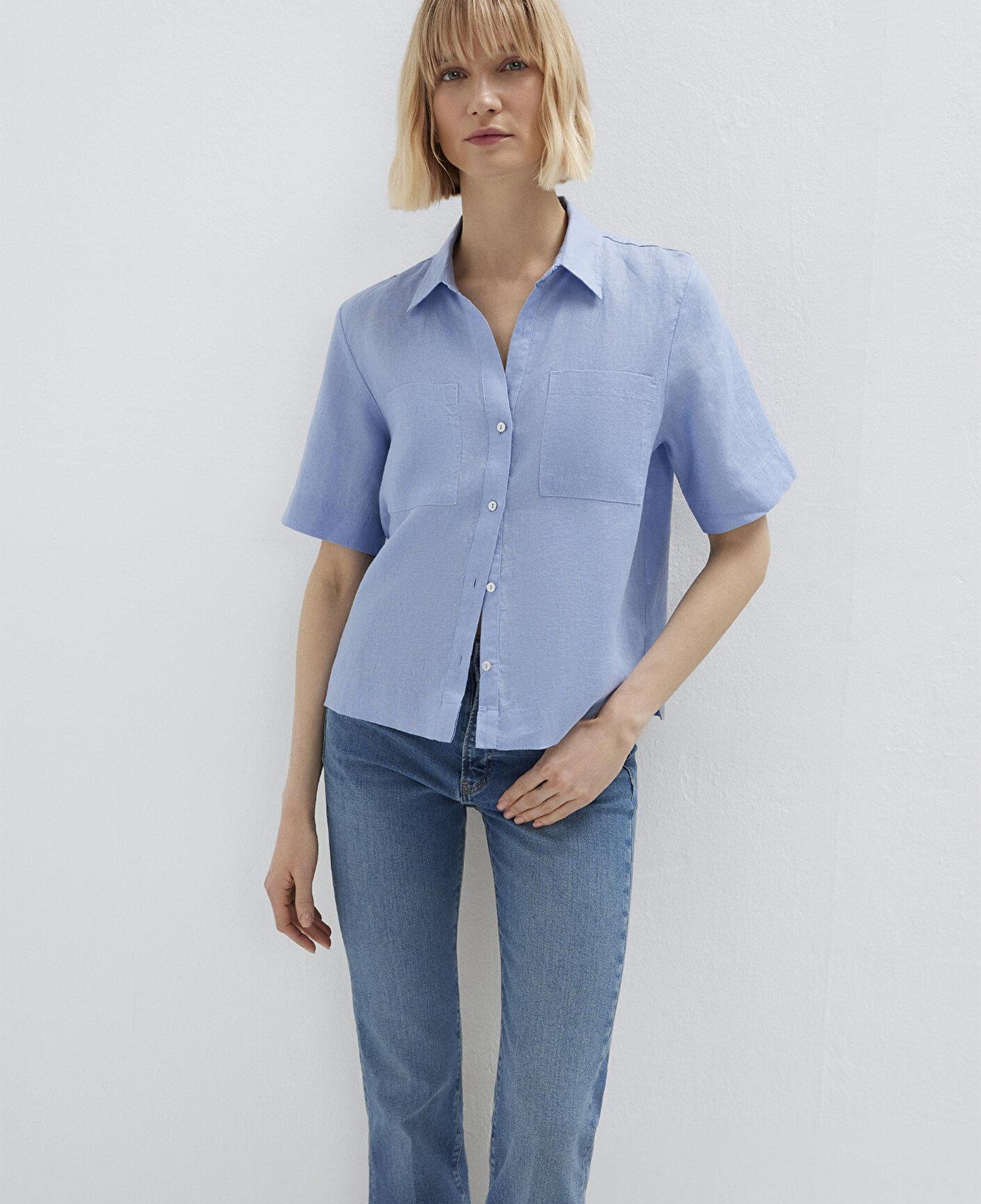 Mavi Cepli Mavi Keten Gömlek Slim Fit / Dar Kesim 1211466-80874