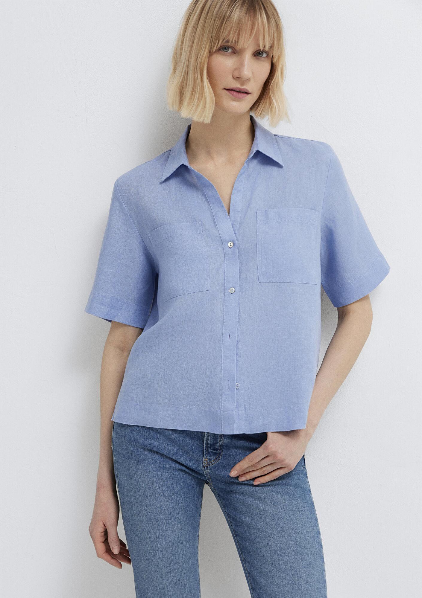 Mavi Cepli Mavi Keten Gömlek Slim Fit / Dar Kesim 1211466-80874