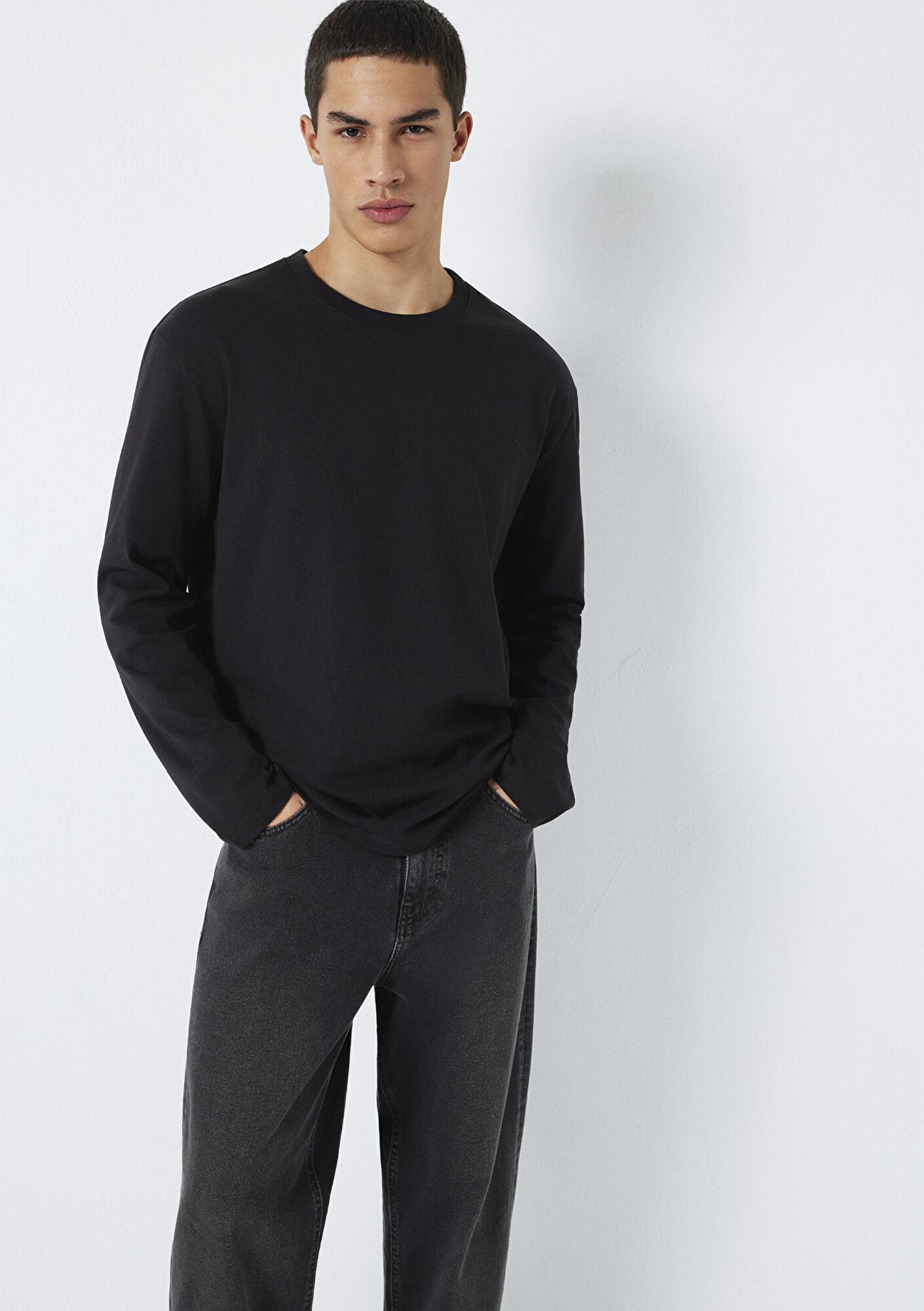 Mavi Uzun Kollu Siyah Basic Tişört Loose Fit / Bol Rahat Kesim 0613170-900