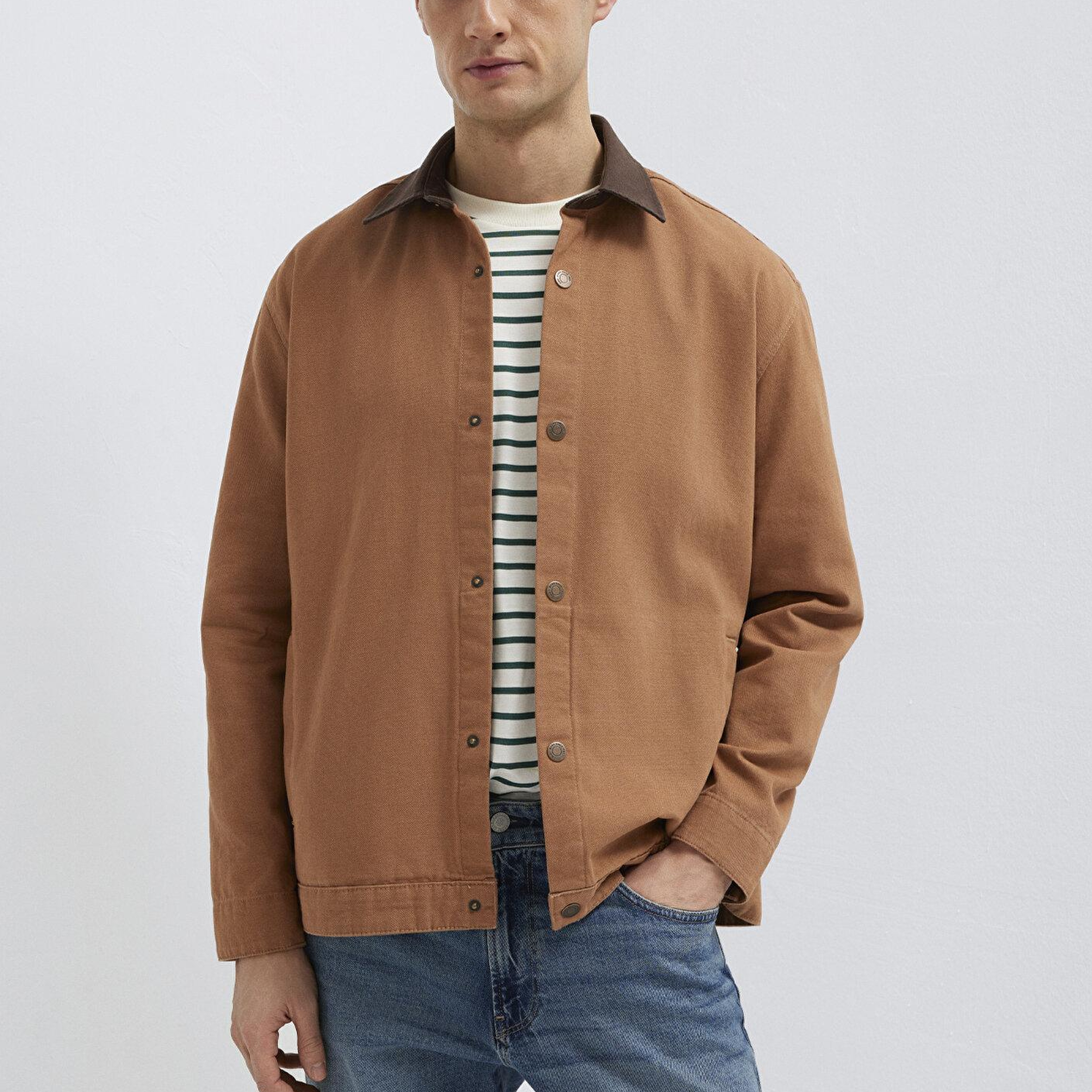 Mavi Yaka Detaylı Kahverengi Gömlek Loose Fit / Bol Rahat Kesim 0211900-91393