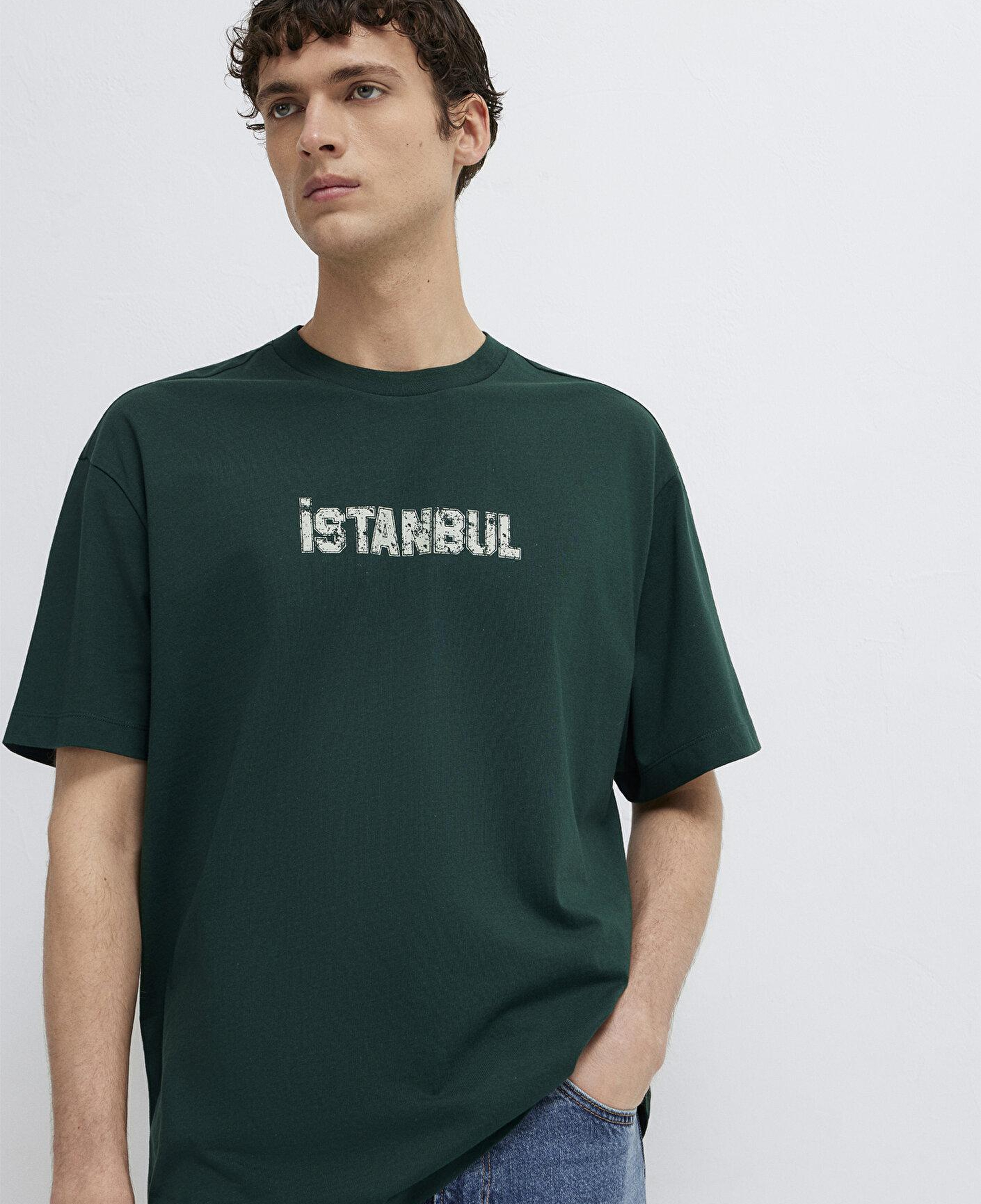 Mavi İstanbul Baskılı Yeşil Tişört Loose Fit / Bol Rahat Kesim 0613593-85173