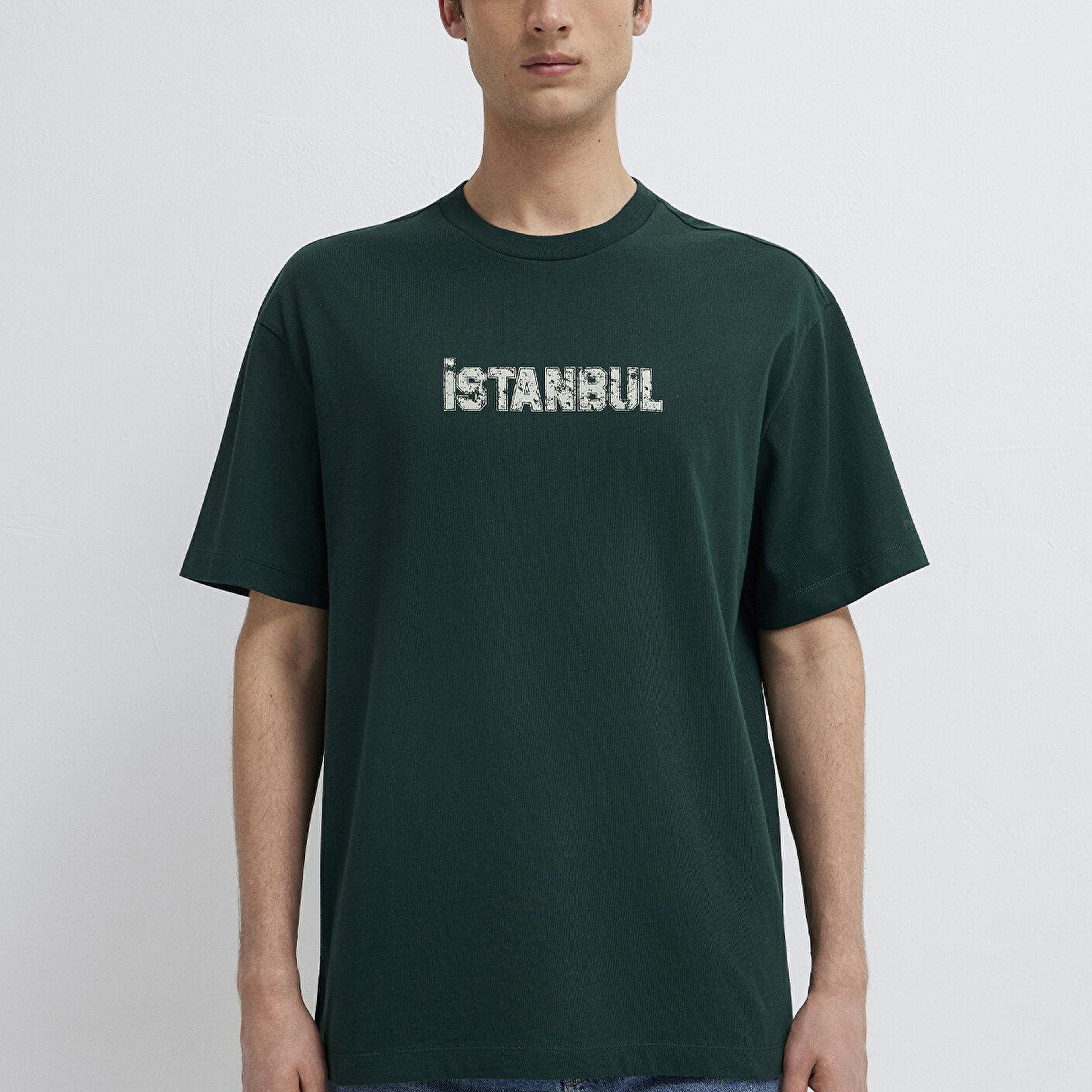 Mavi İstanbul Baskılı Yeşil Tişört Loose Fit / Bol Rahat Kesim 0613593-85173