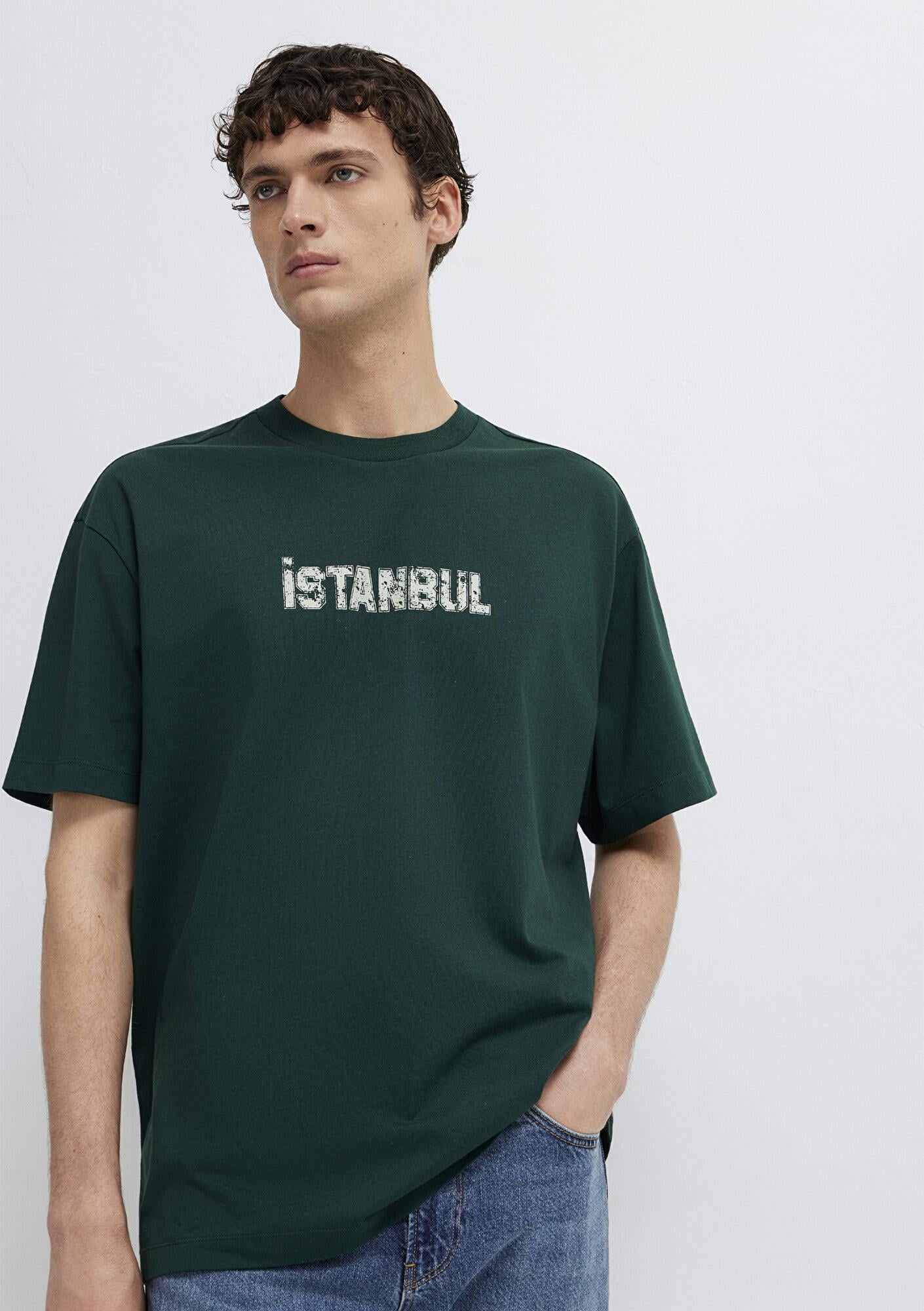 Mavi İstanbul Baskılı Yeşil Tişört Loose Fit / Bol Rahat Kesim 0613593-85173
