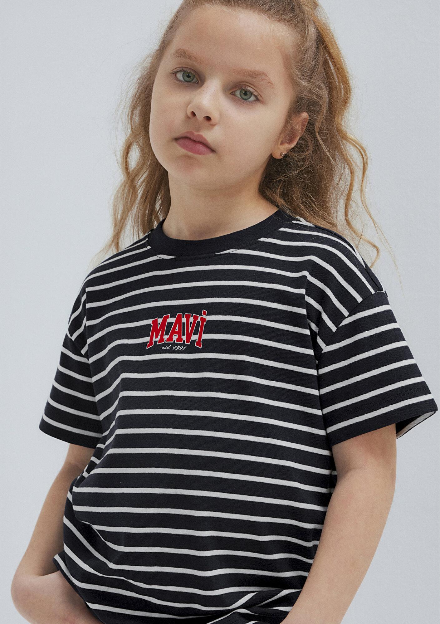 Mavi Mavi Logo Baskılı Çizgili Lacivert Tişört Loose Fit / Bol Rahat Kesim 7610490-88030