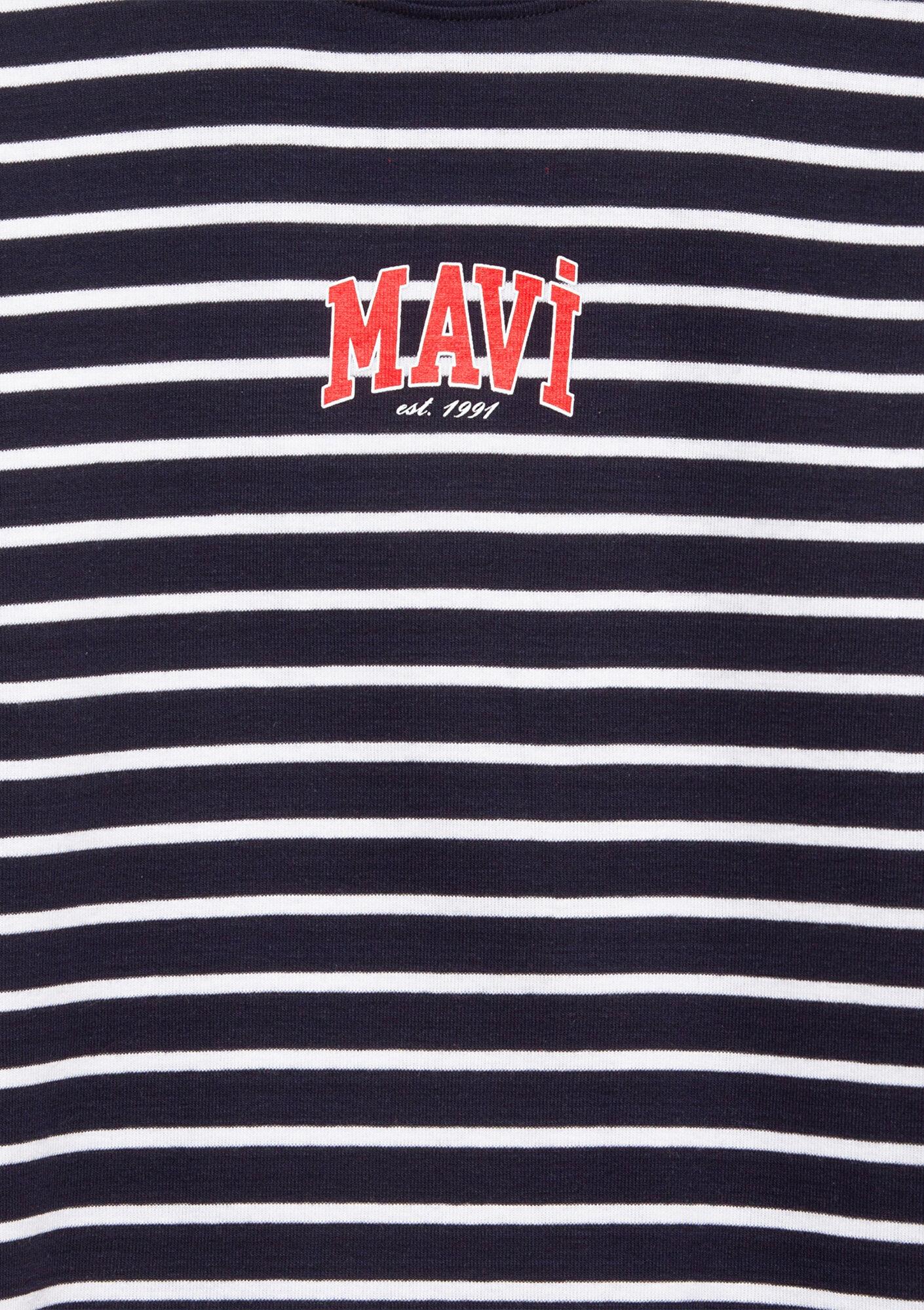 Mavi Mavi Logo Baskılı Çizgili Lacivert Tişört Loose Fit / Bol Rahat Kesim 7610490-88030