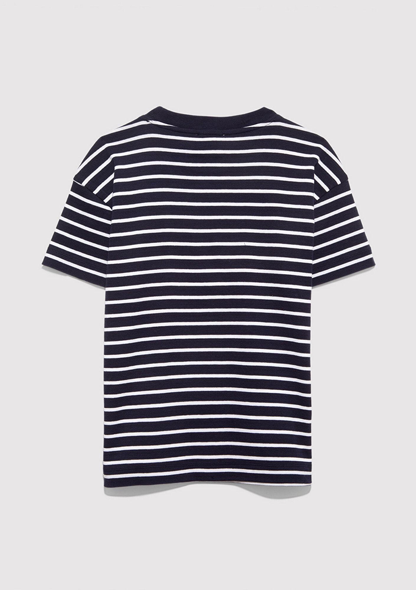 Mavi Mavi Logo Baskılı Çizgili Lacivert Tişört Loose Fit / Bol Rahat Kesim 7610490-88030