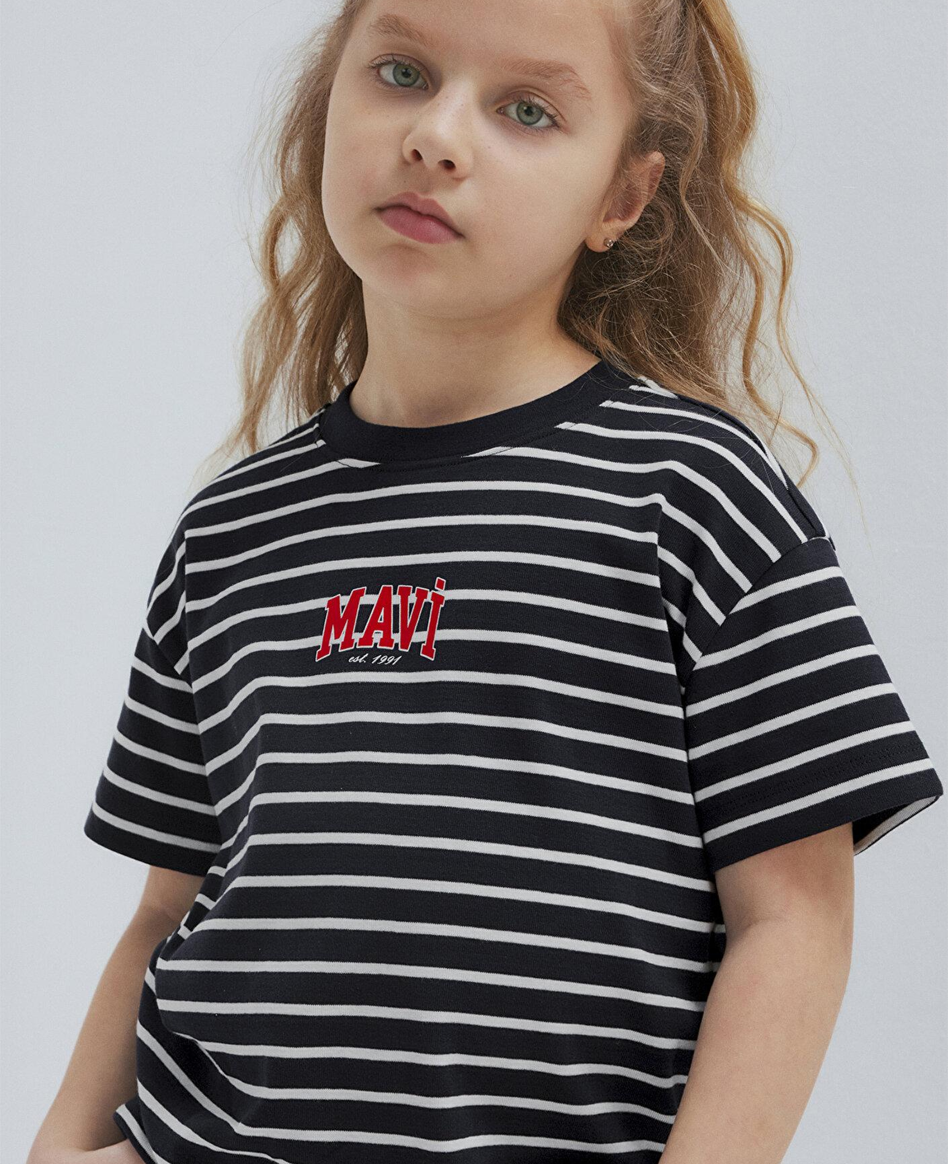 Mavi Mavi Logo Baskılı Çizgili Lacivert Tişört Loose Fit / Bol Rahat Kesim 7610490-88030