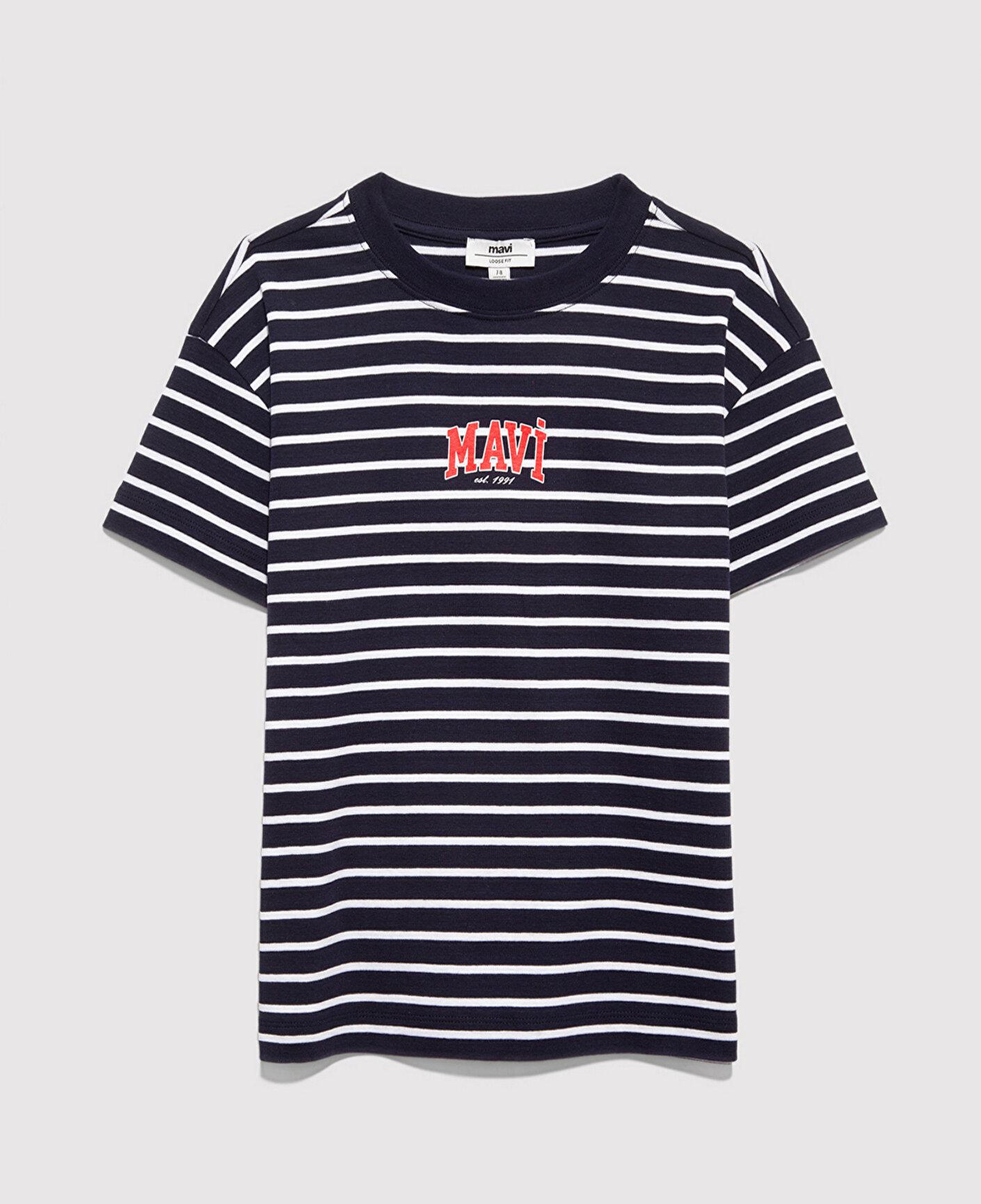Mavi Mavi Logo Baskılı Çizgili Lacivert Tişört Loose Fit / Bol Rahat Kesim 7610490-88030