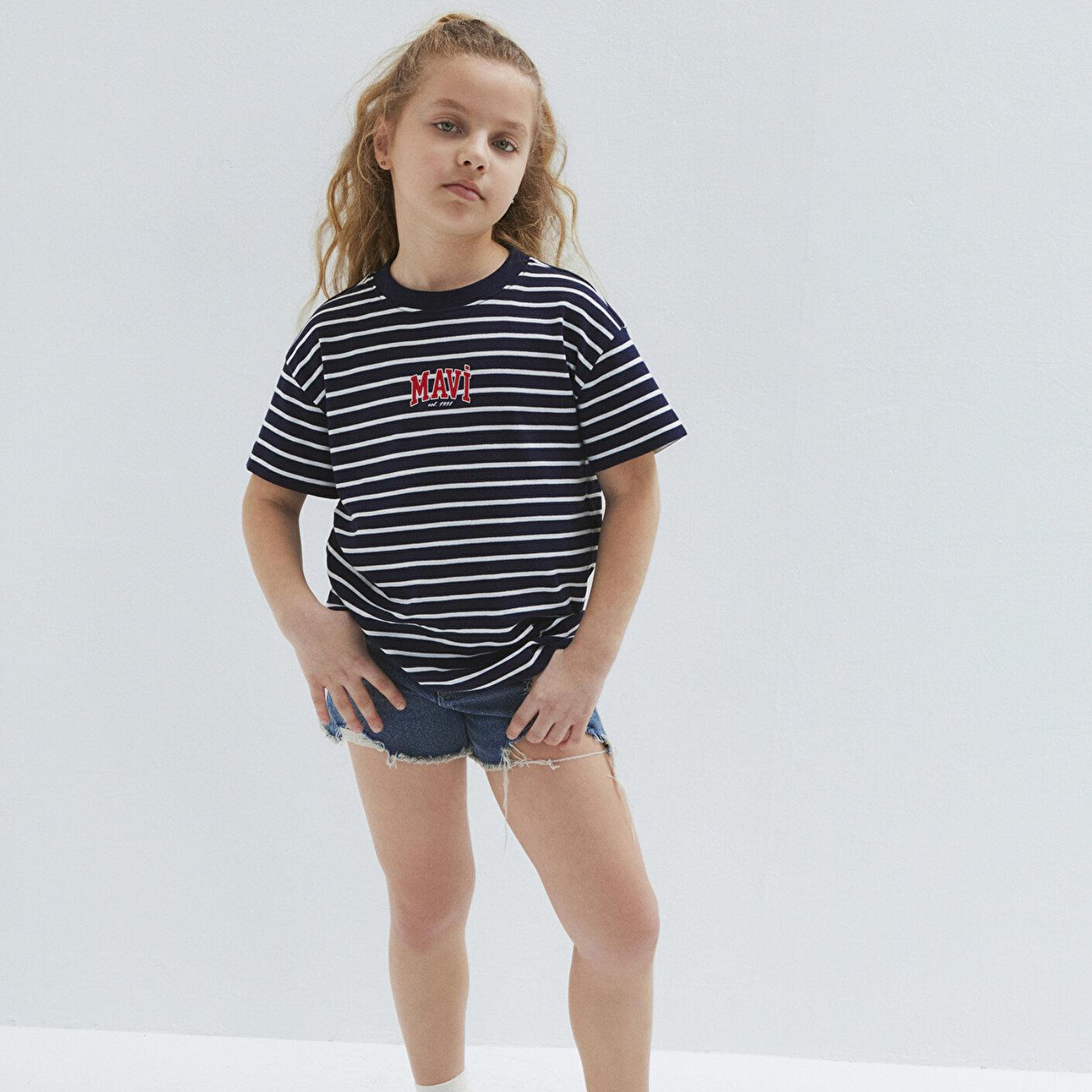 Mavi Mavi Logo Baskılı Çizgili Lacivert Tişört Loose Fit / Bol Rahat Kesim 7610490-88030