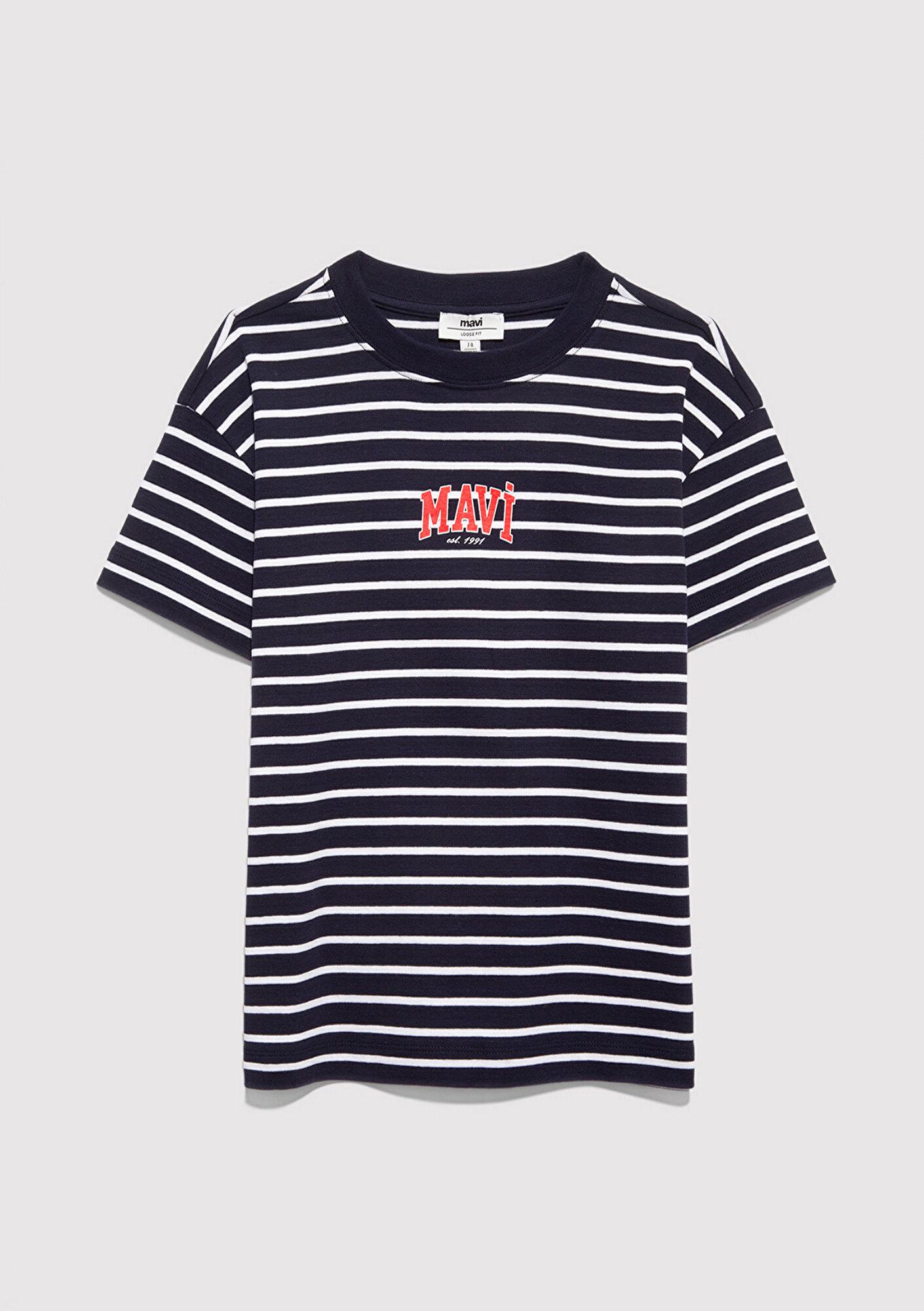 Mavi Mavi Logo Baskılı Çizgili Lacivert Tişört Loose Fit / Bol Rahat Kesim 7610490-88030