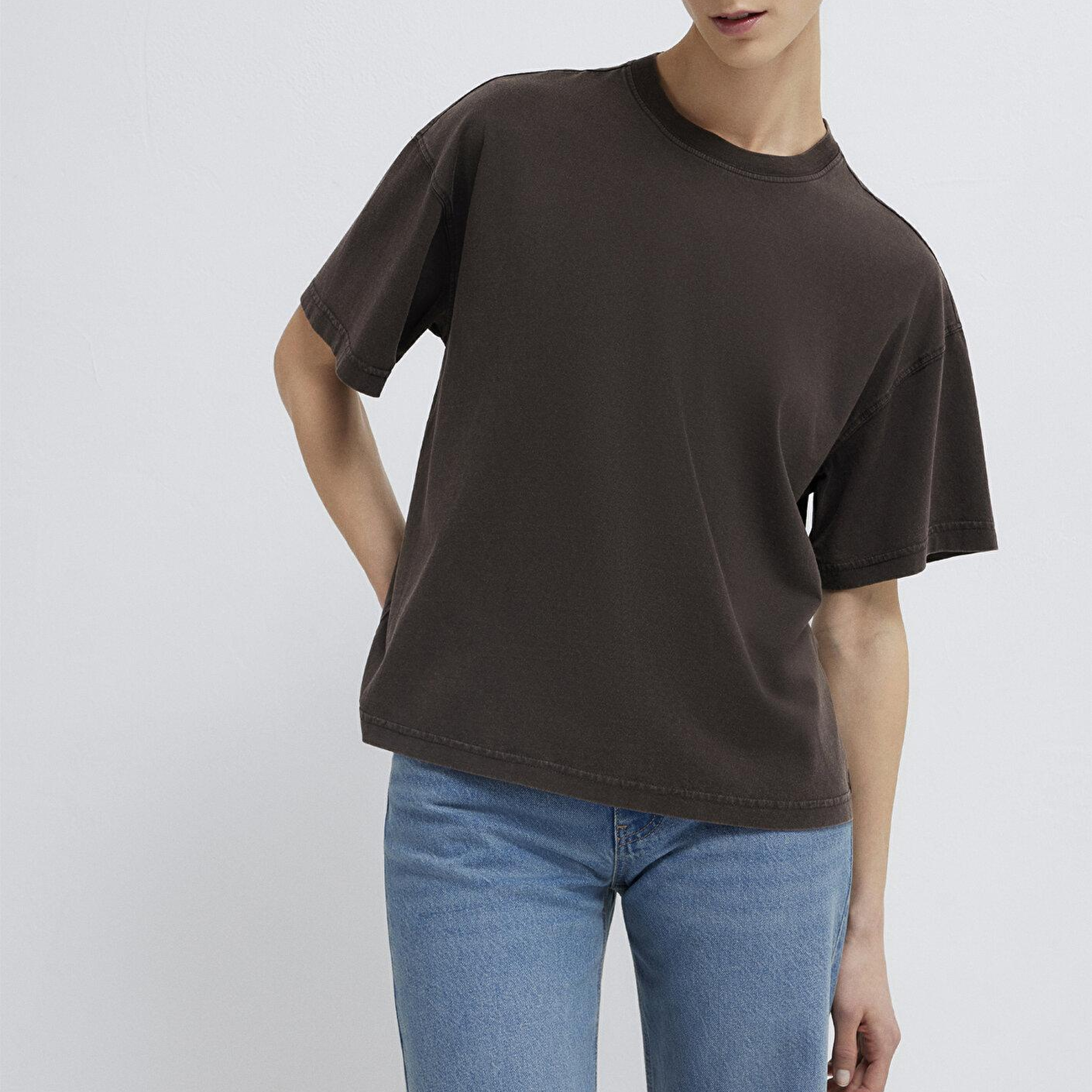 Mavi Kahverengi Basic Tişört Loose Fit / Bol Rahat Kesim 1614313-70236