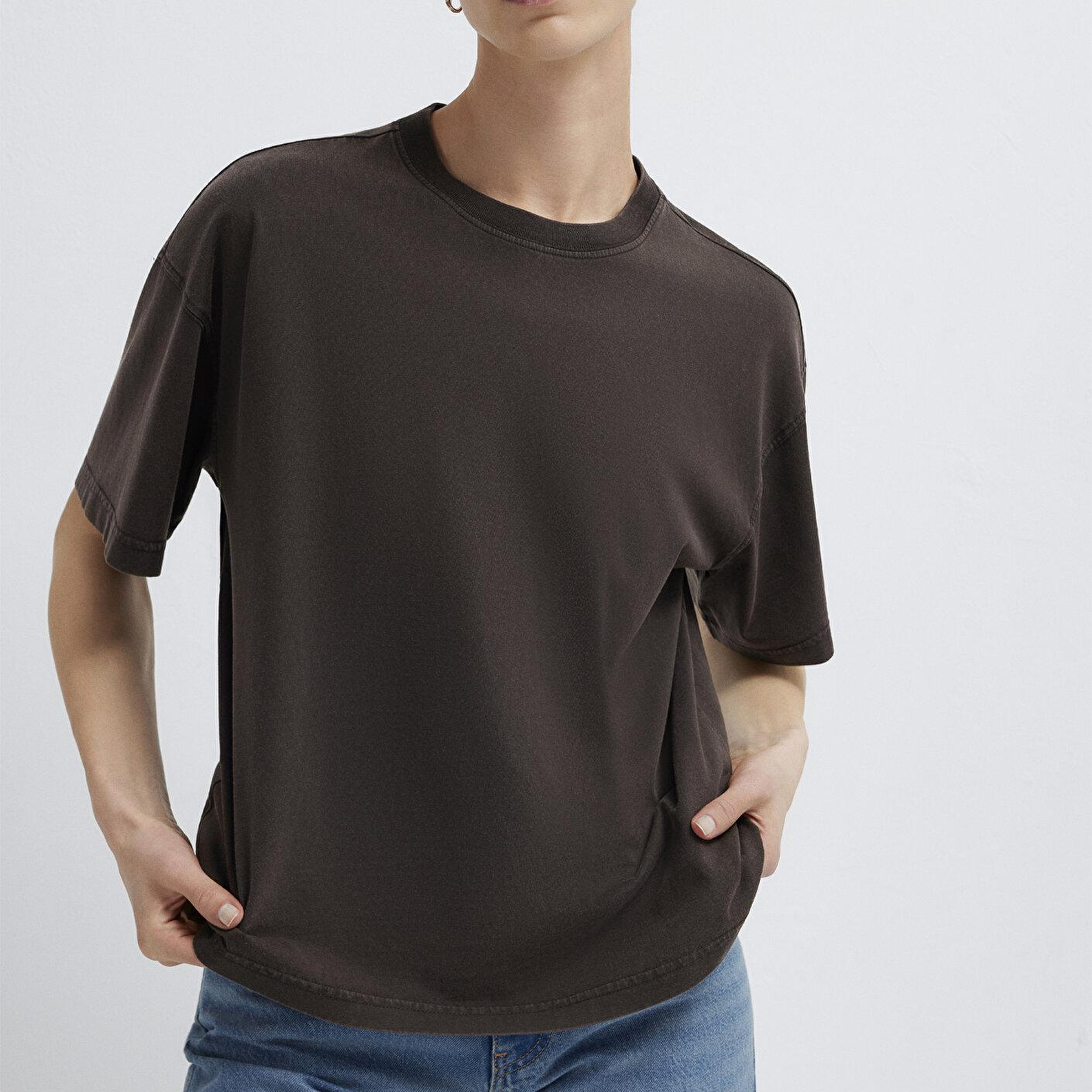 Mavi Kahverengi Basic Tişört Loose Fit / Bol Rahat Kesim 1614313-70236