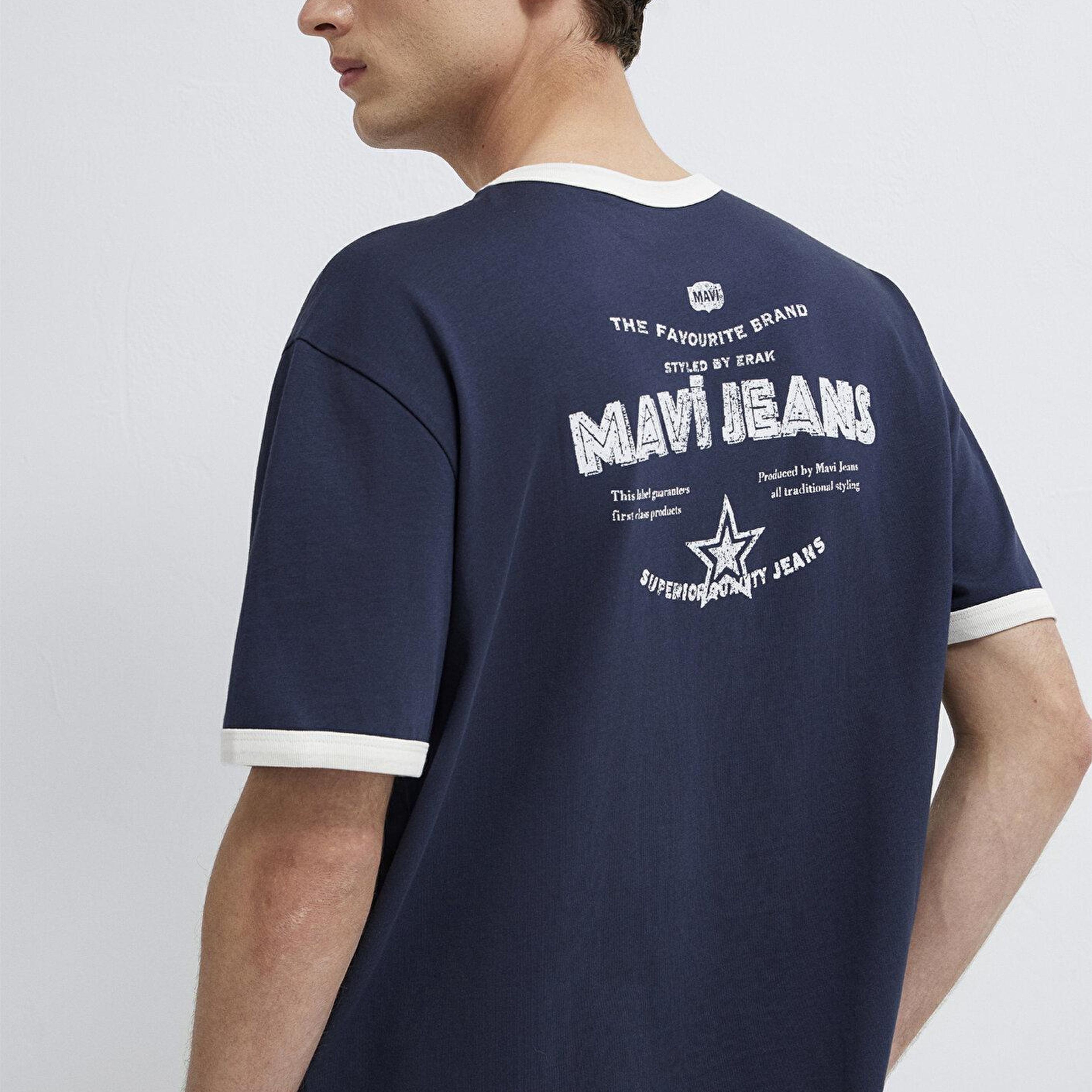 Mavi Baskılı Biye Detaylı Lacivert Tişört Loose Fit / Bol Rahat Kesim 0613596-70490