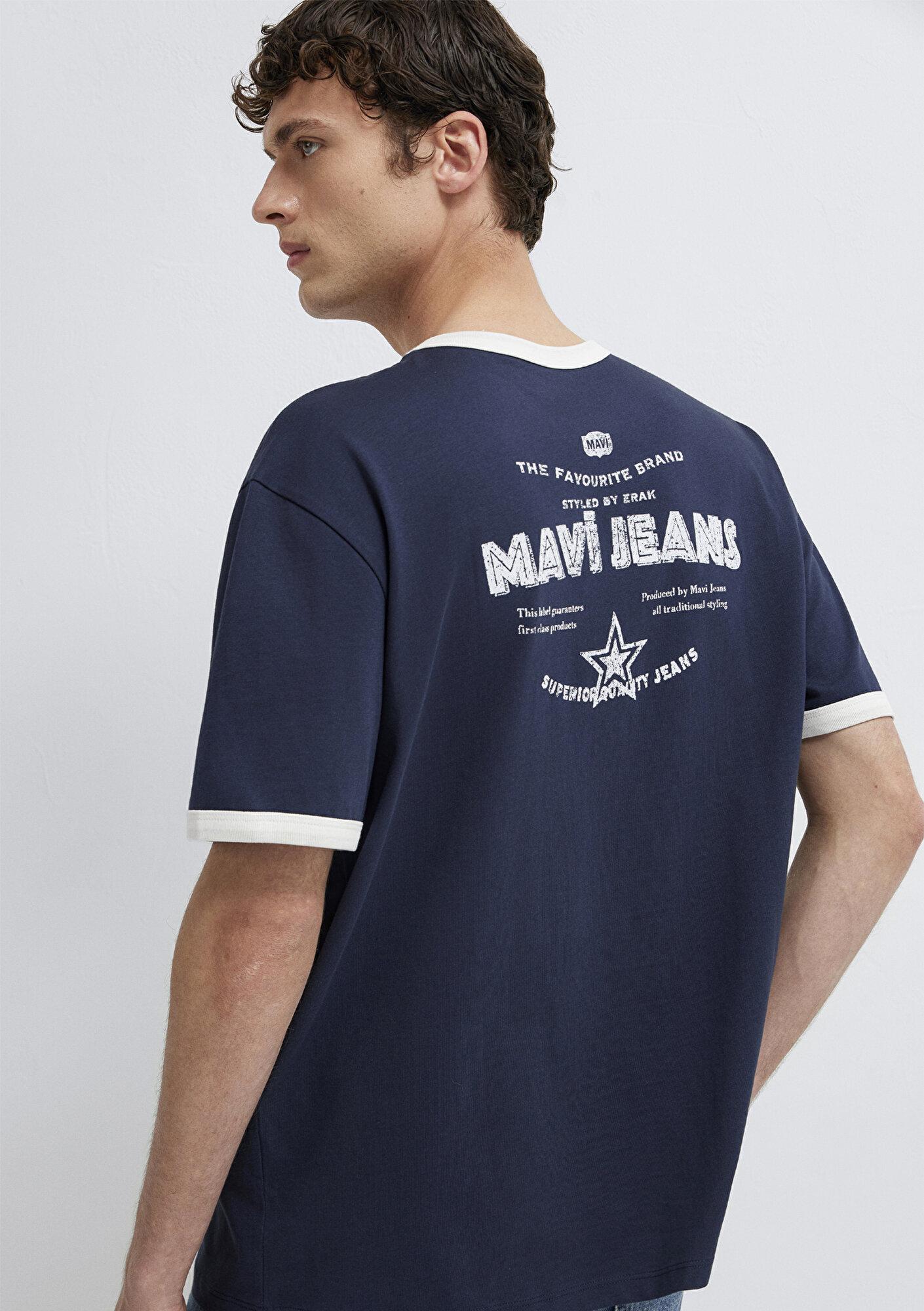 Mavi Baskılı Biye Detaylı Lacivert Tişört Loose Fit / Bol Rahat Kesim 0613596-70490