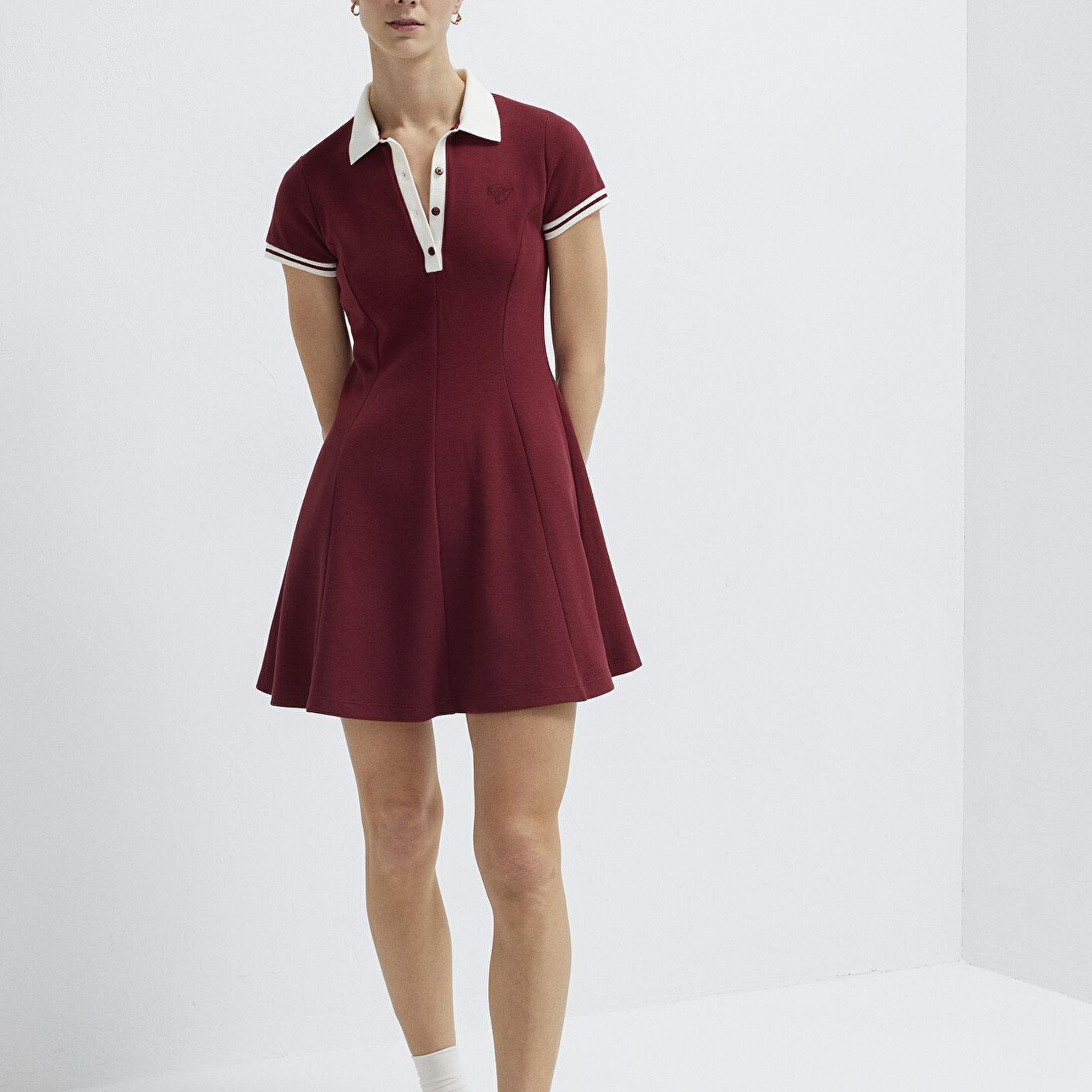 Mavi Polo Yaka Nakış Detaylı Bordo Mini Elbise 1310903-85633