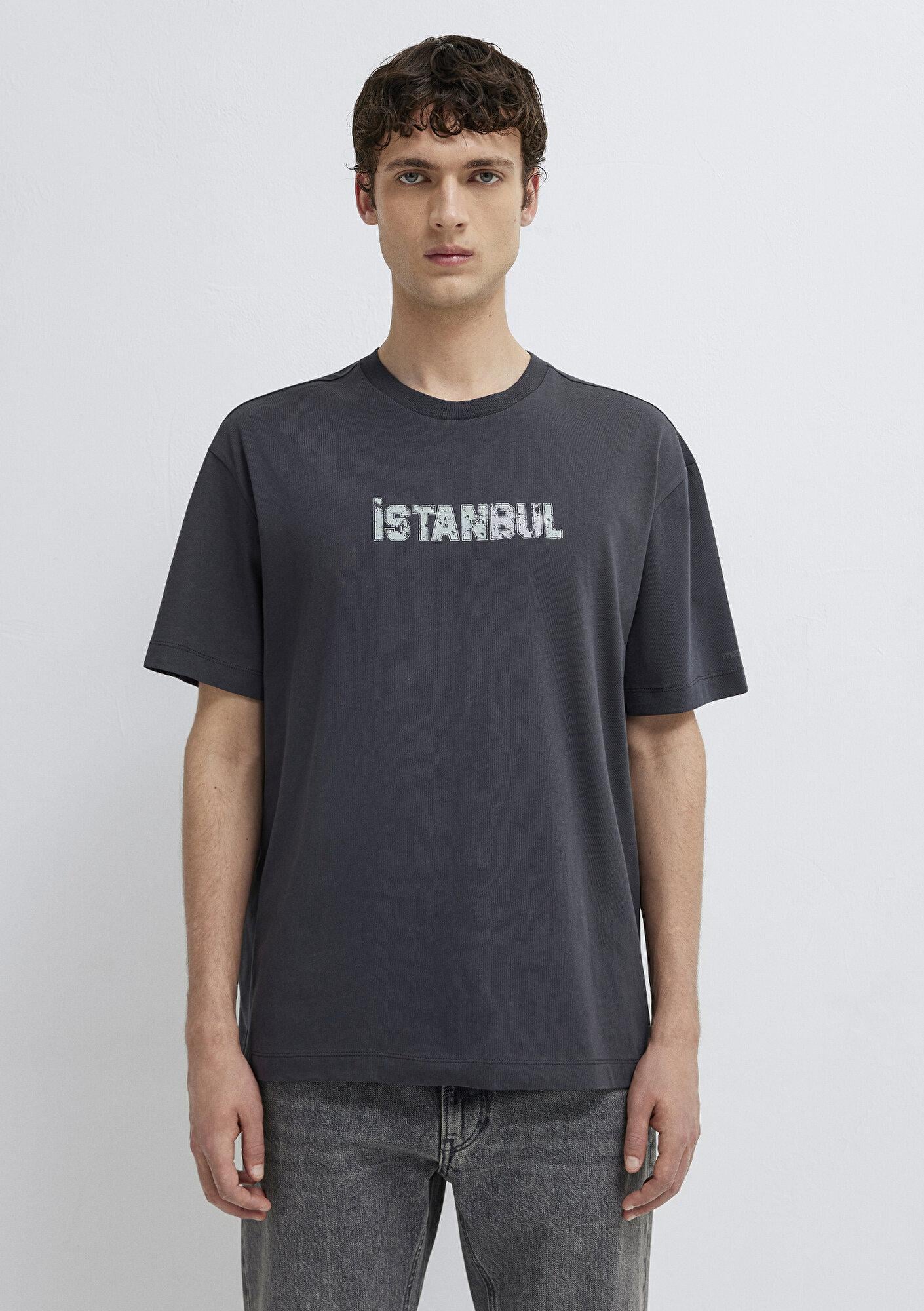 Mavi İstanbul Baskılı Antrasit Tişört Loose Fit / Bol Rahat Kesim 0613593-80106