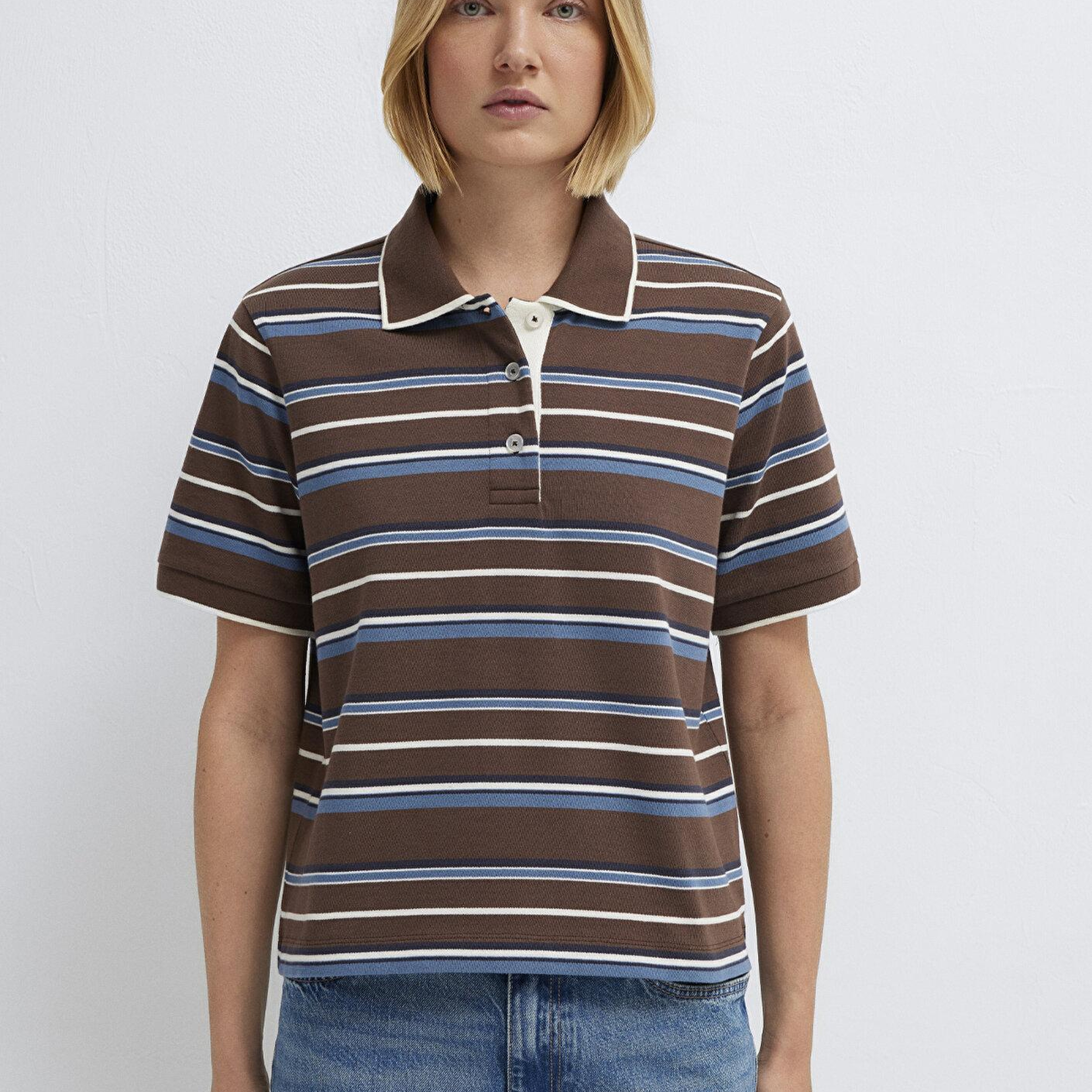 Mavi Çizgili Polo Yaka Kahverengi Tişört Regular Fit / Normal Kesim 1614119-88068