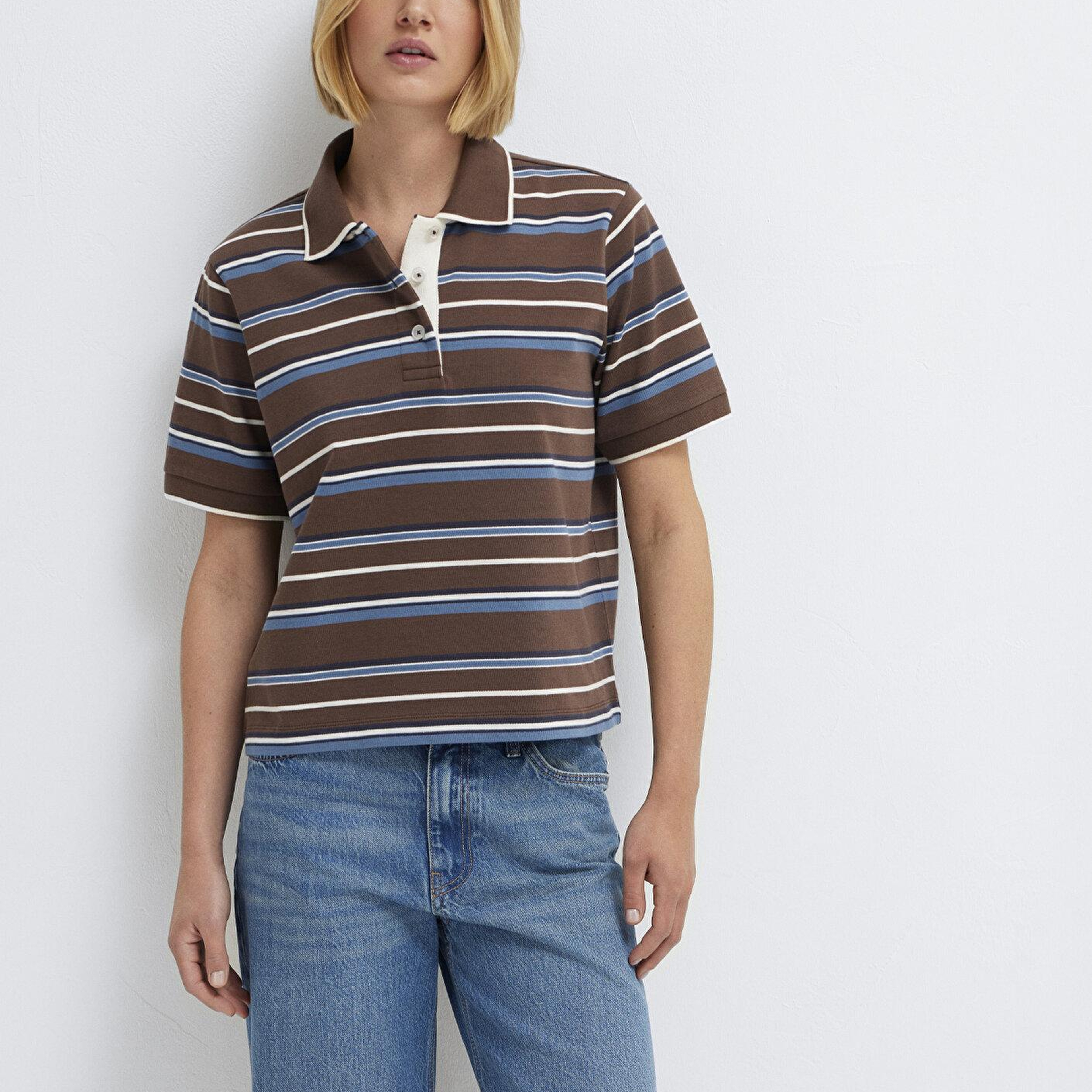 Mavi Çizgili Polo Yaka Kahverengi Tişört Regular Fit / Normal Kesim 1614119-88068