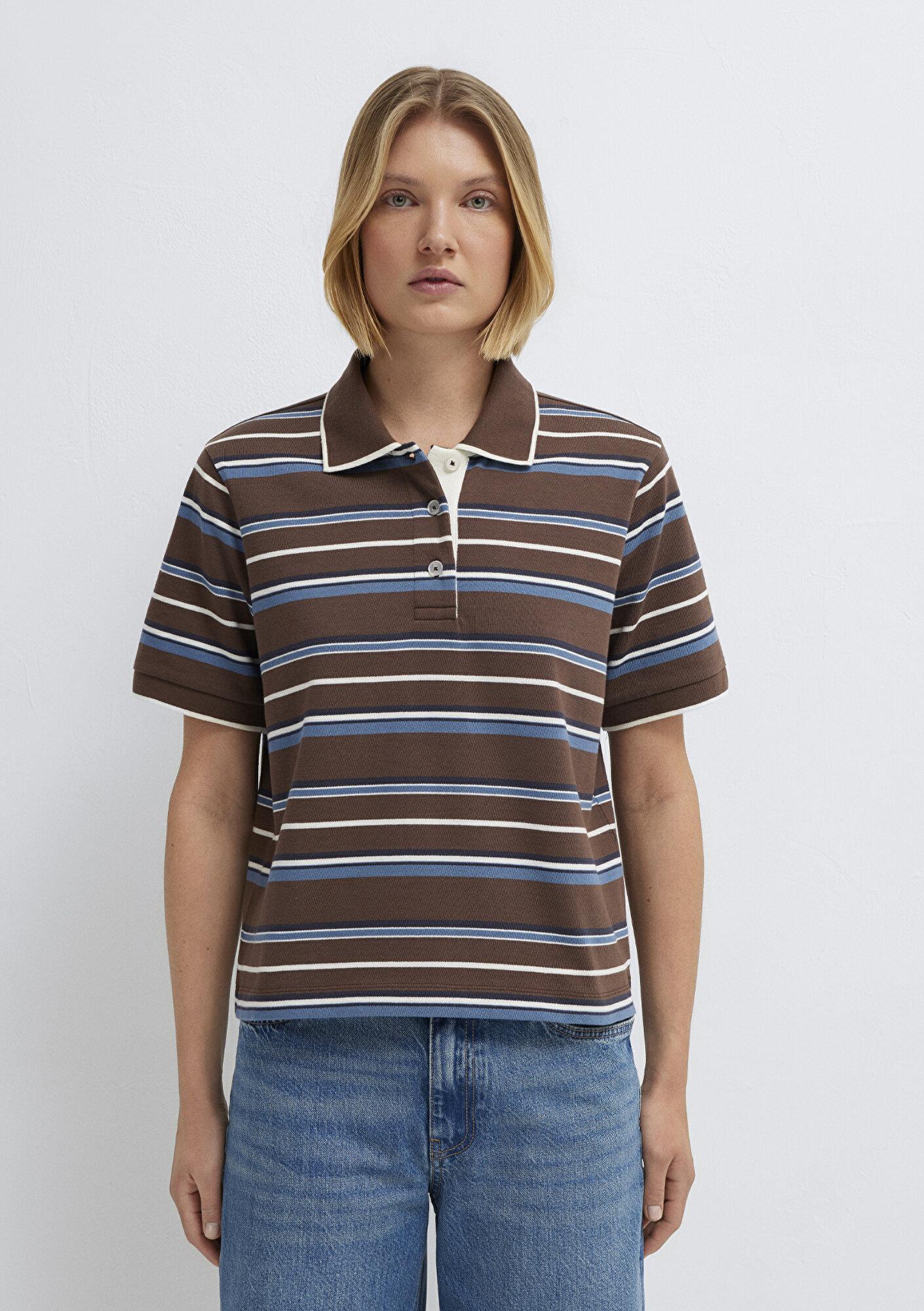 Mavi Çizgili Polo Yaka Kahverengi Tişört Regular Fit / Normal Kesim 1614119-88068