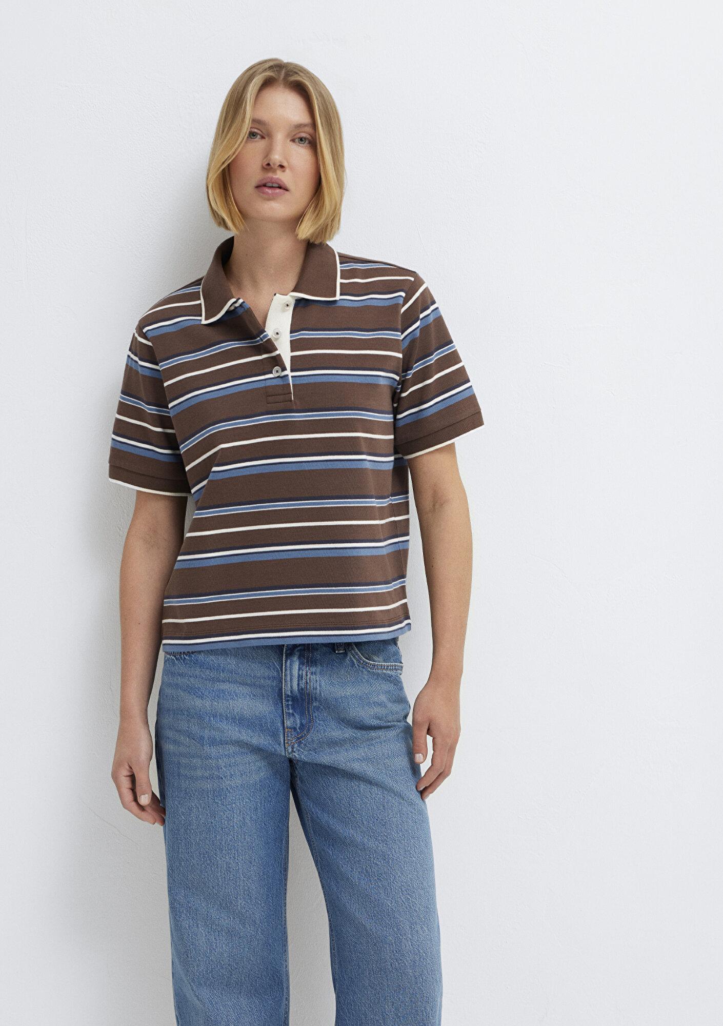 Mavi Çizgili Polo Yaka Kahverengi Tişört Regular Fit / Normal Kesim 1614119-88068