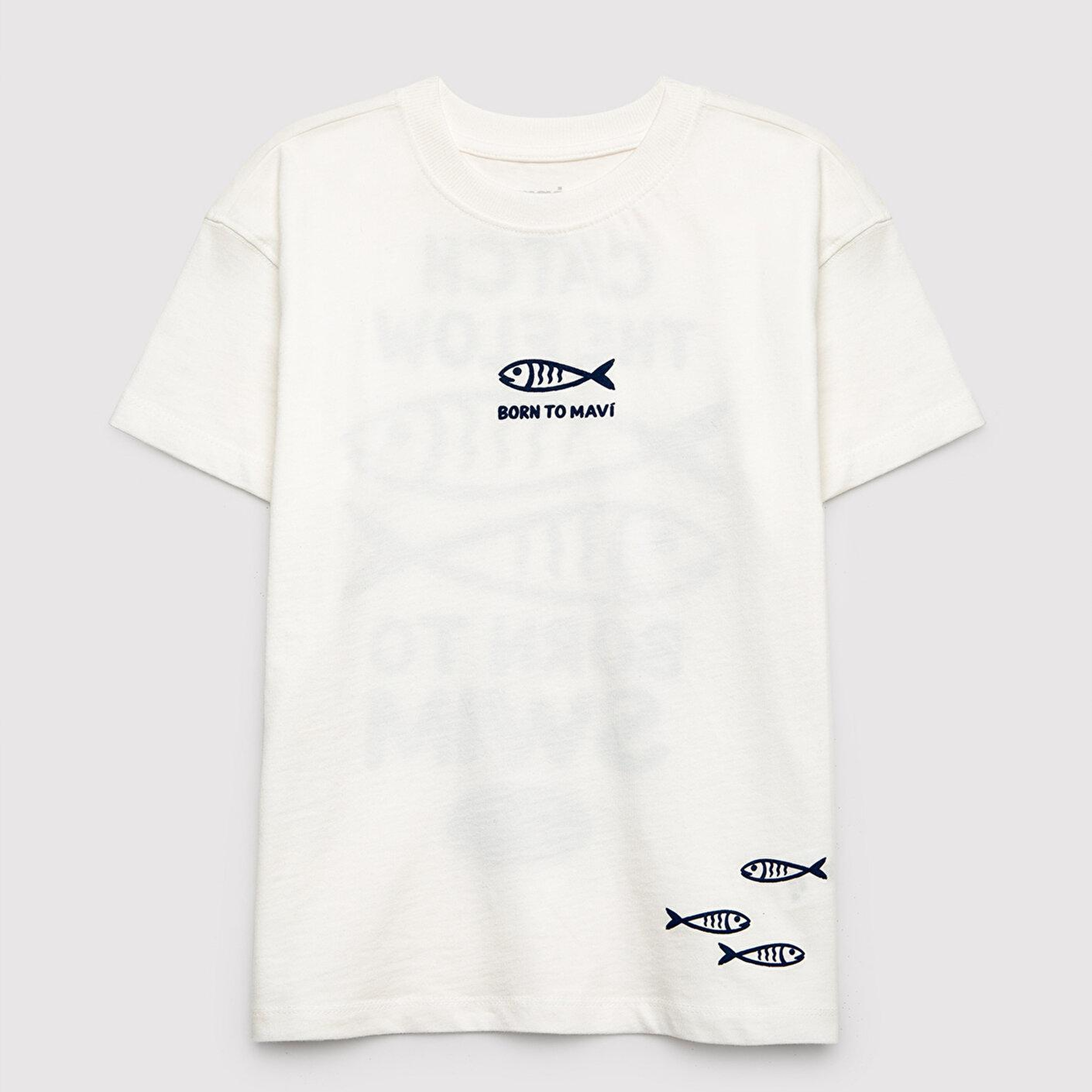 Mavi Balık Baskılı Ekru Tişört Loose Fit / Bol Rahat Kesim 7610438-70057