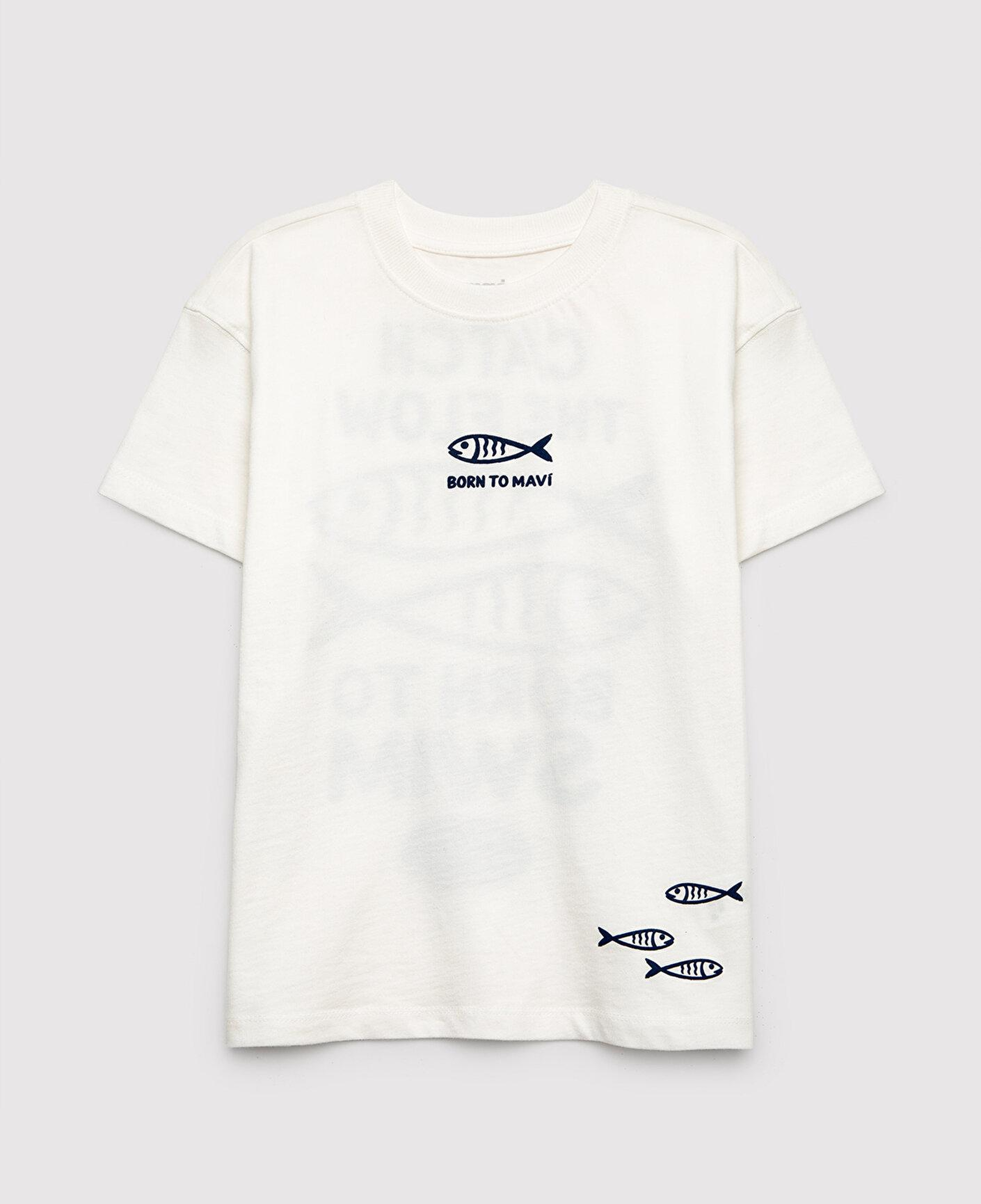 Mavi Balık Baskılı Ekru Tişört Loose Fit / Bol Rahat Kesim 7610438-70057