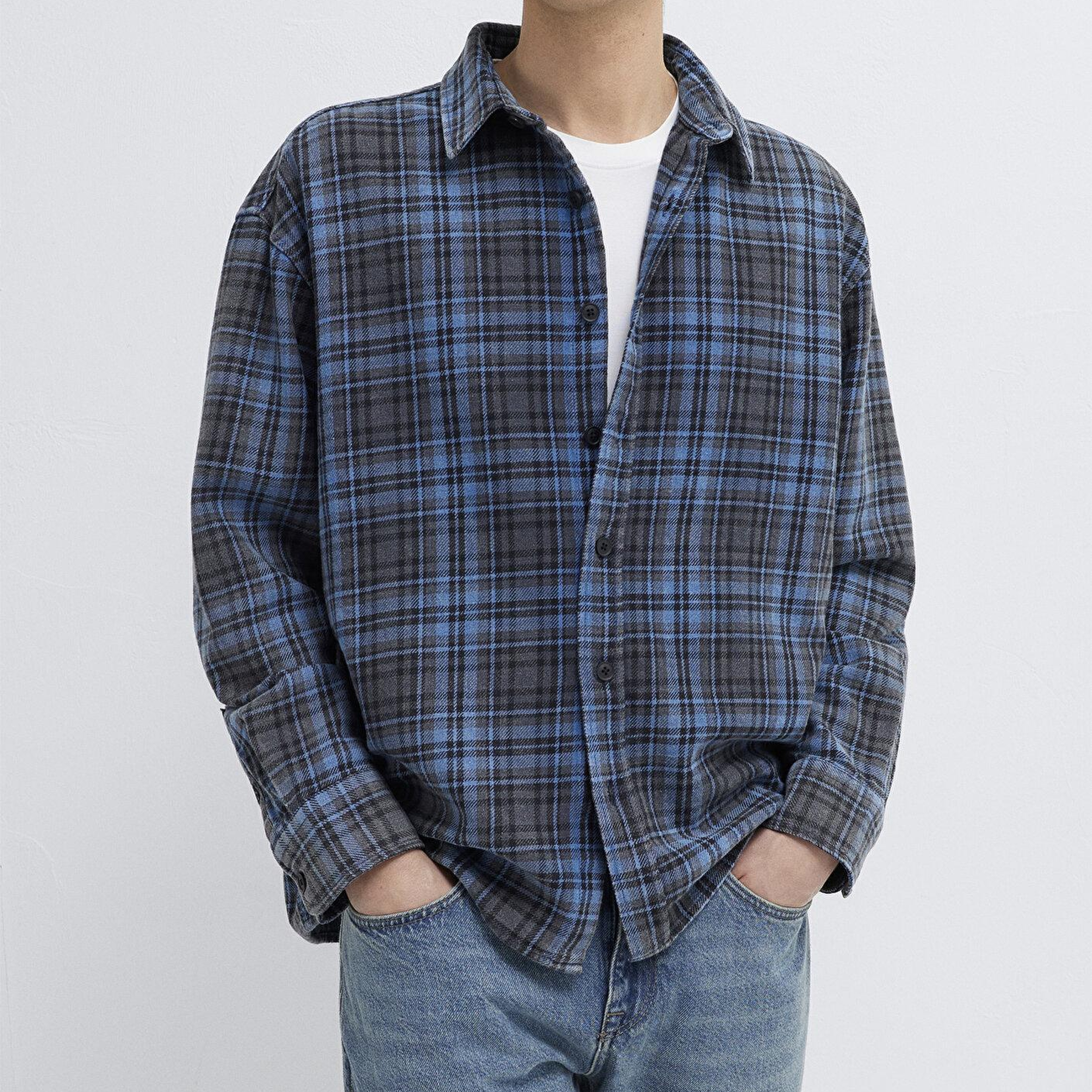 Mavi Lacivert Ekose Gömlek Oversize / Geniş Kesim 0211906-91453