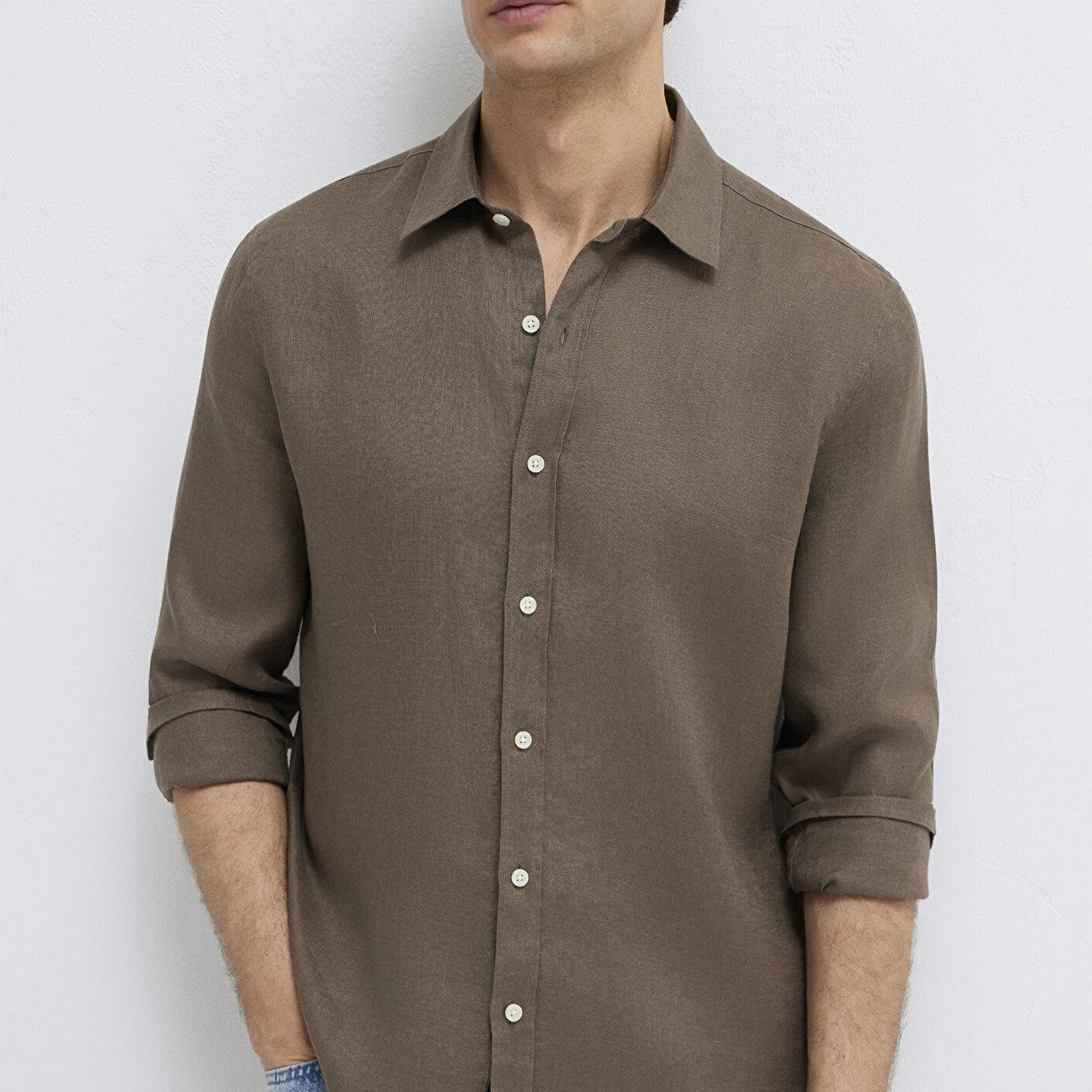 Mavi Kahverengi Keten Gömlek Slim Fit / Dar Kesim 0211466-83866