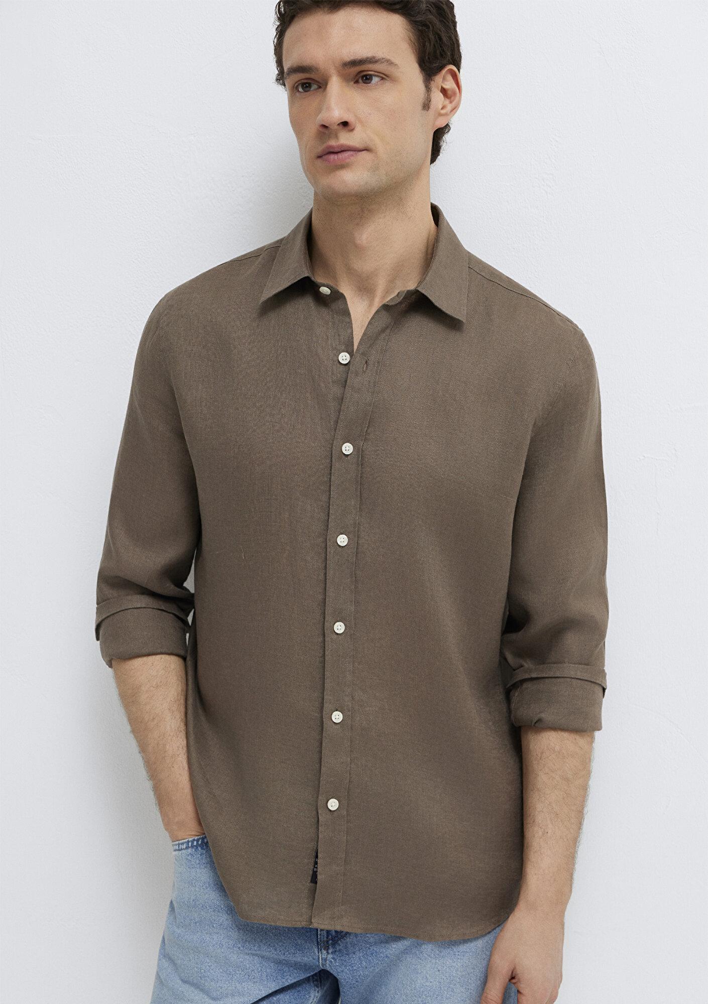 Mavi Kahverengi Keten Gömlek Slim Fit / Dar Kesim 0211466-83866