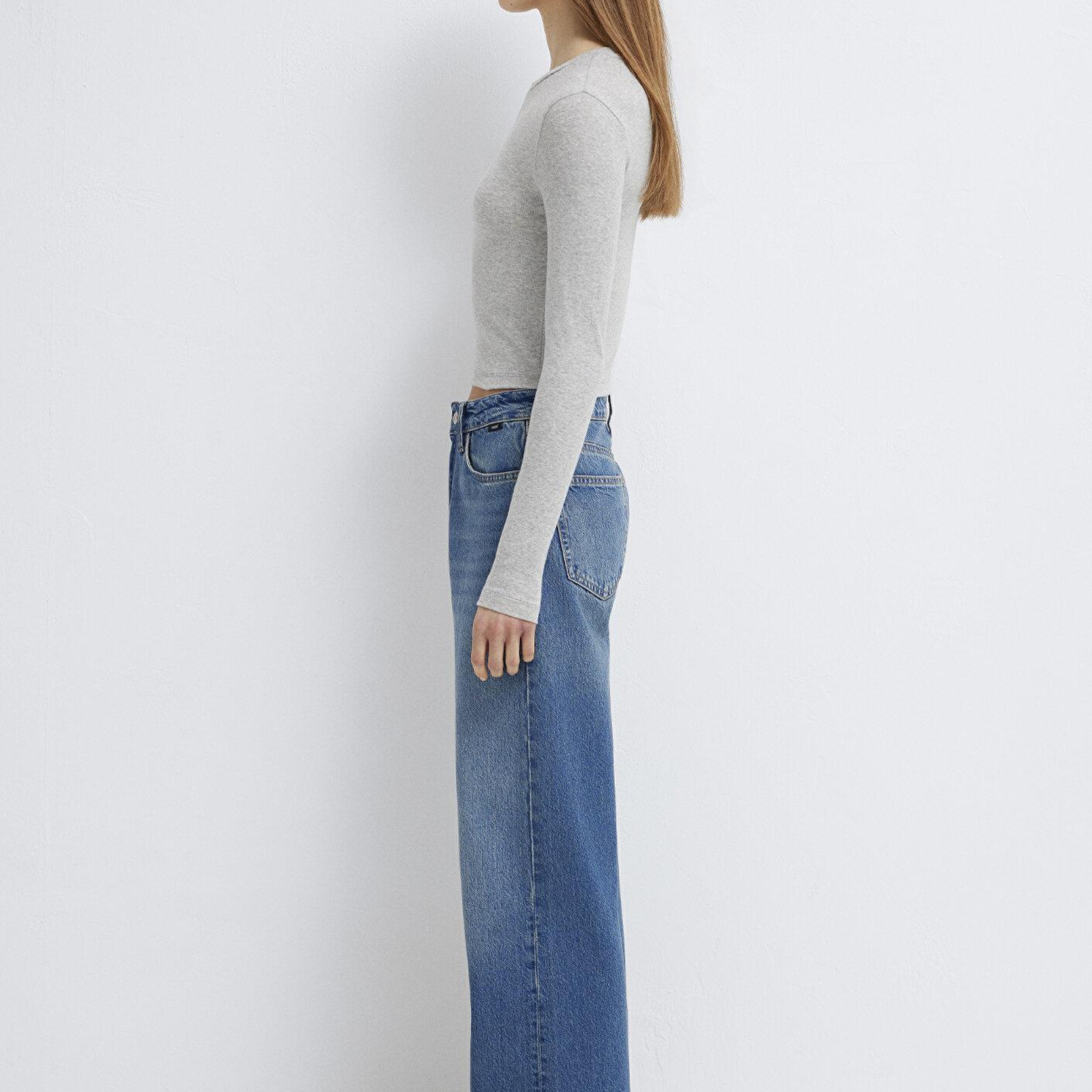 Mavi Uzun Kollu Gri Crop Basic Tişört Crop / Kısa Kesim 1612822-88467