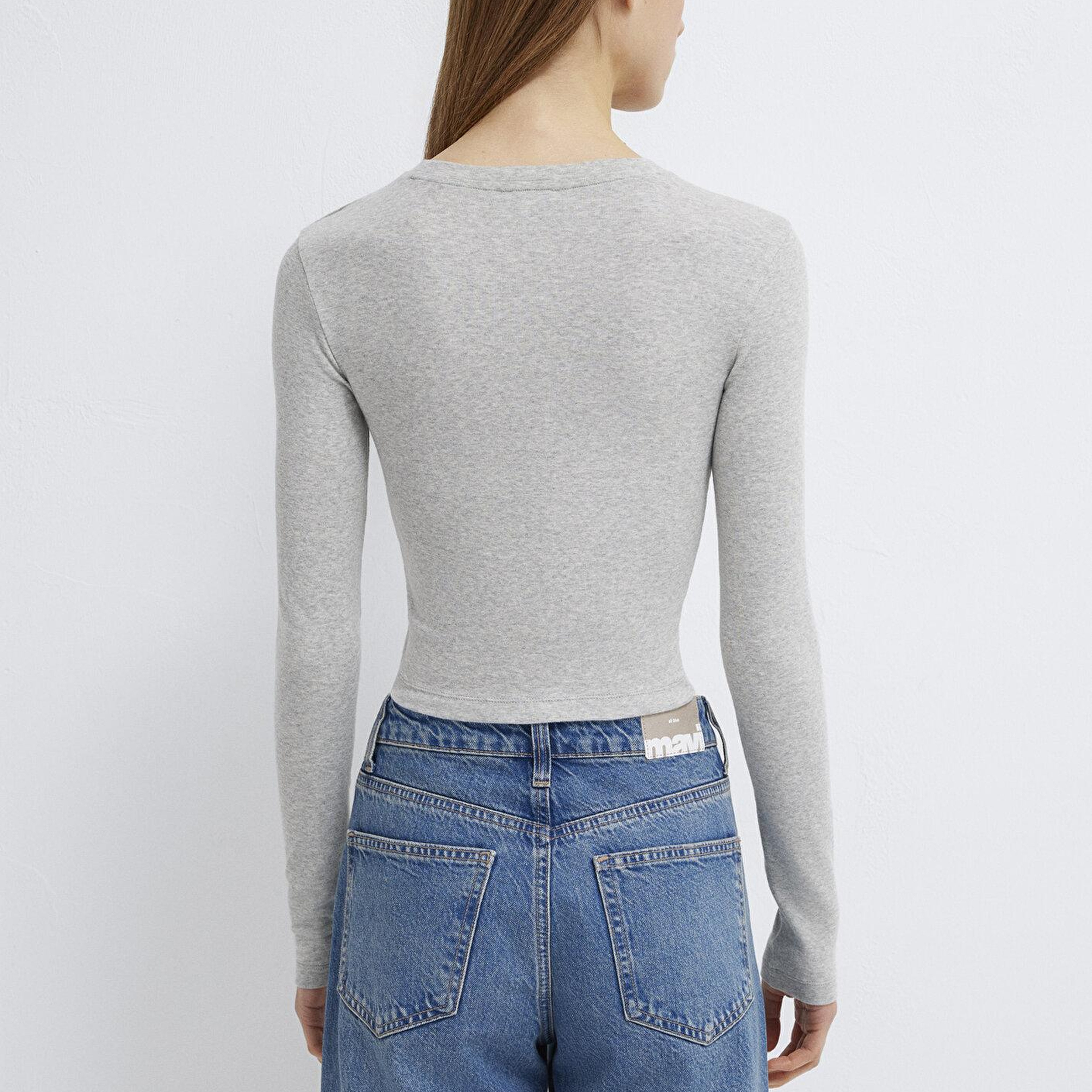 Mavi Uzun Kollu Gri Crop Basic Tişört Crop / Kısa Kesim 1612822-88467