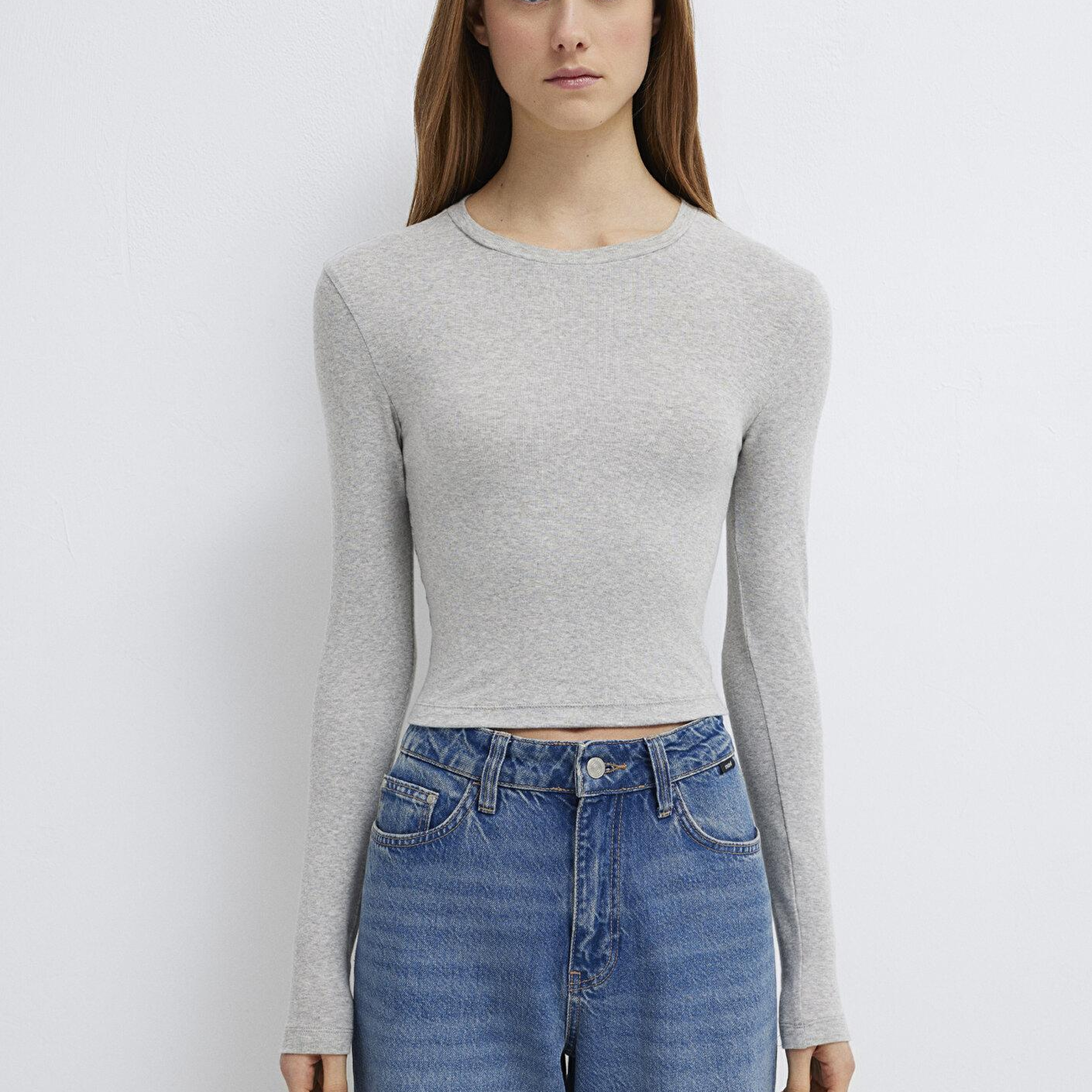 Mavi Uzun Kollu Gri Crop Basic Tişört Crop / Kısa Kesim 1612822-88467