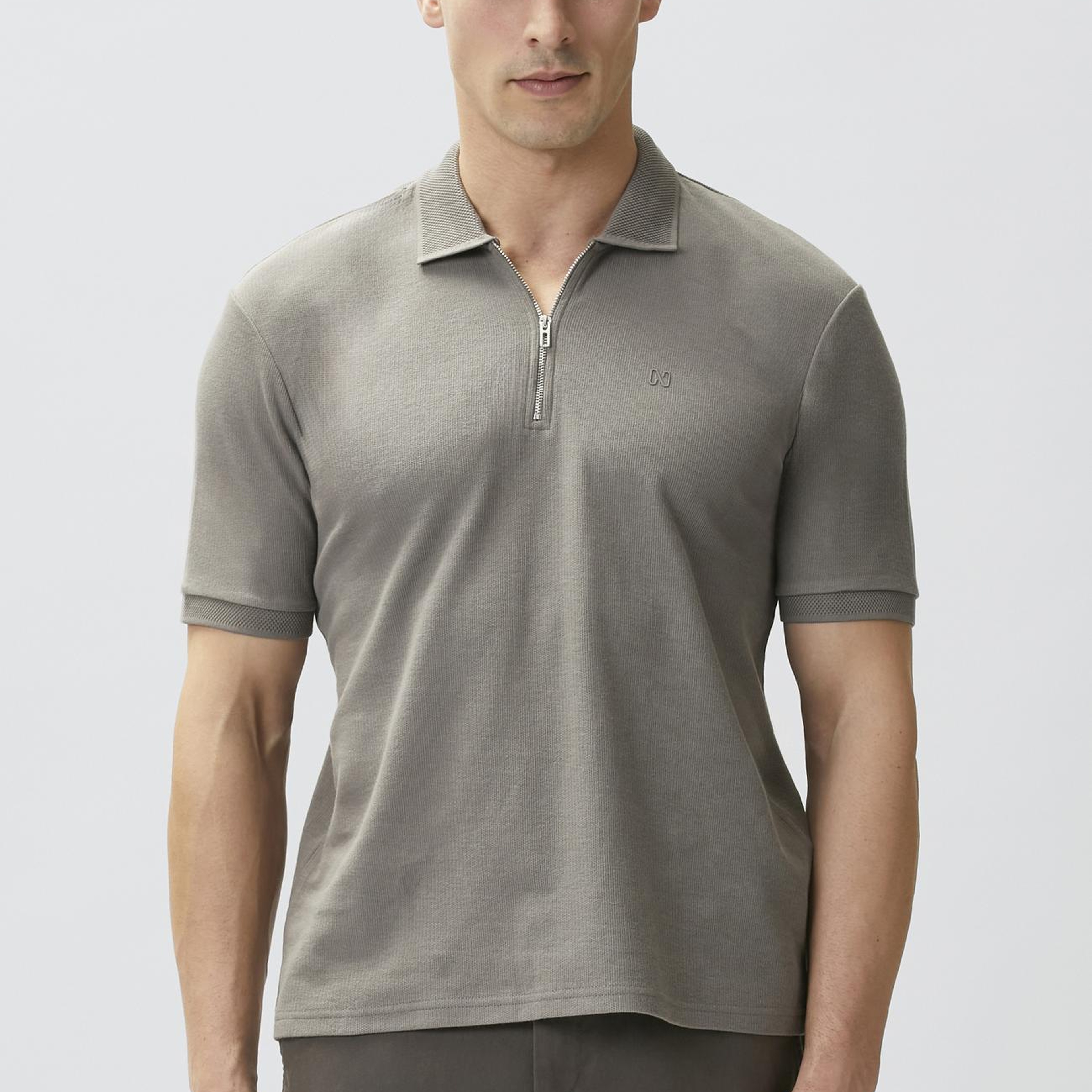 Network Erkek Vizon Fermuarlı Polo Yaka Jakarlı T-shirt