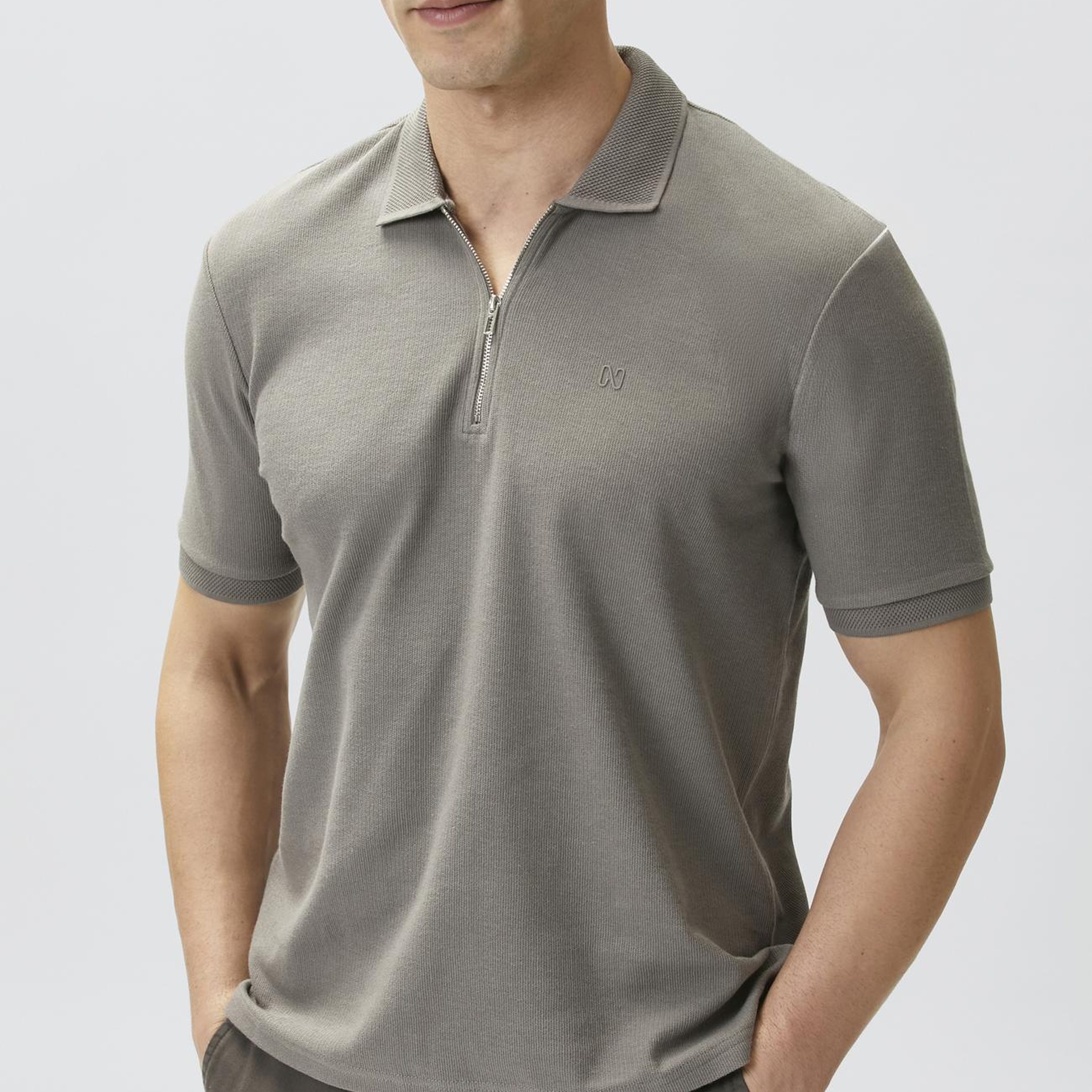 Network Erkek Vizon Fermuarlı Polo Yaka Jakarlı T-shirt