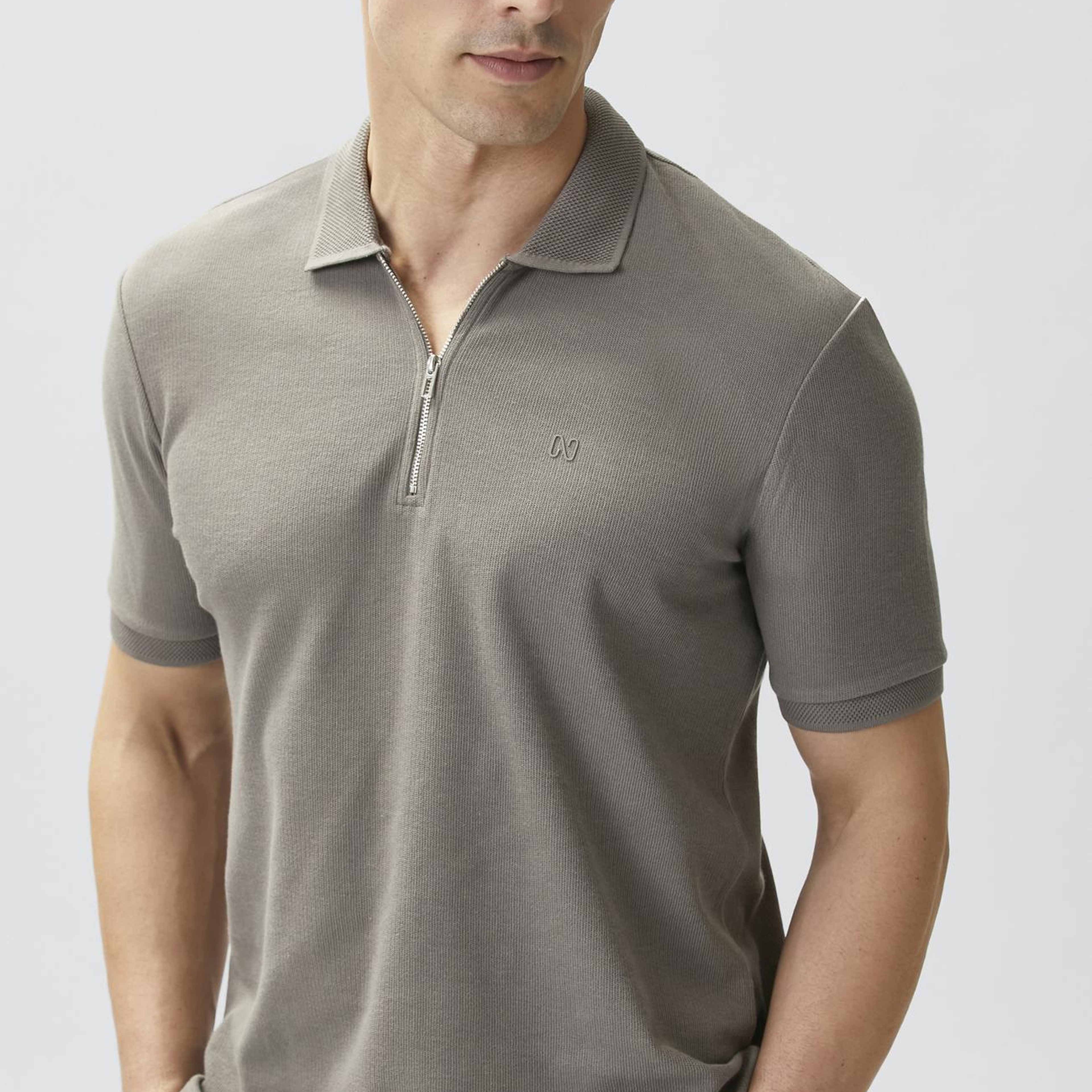 Network Erkek Vizon Fermuarlı Polo Yaka Jakarlı T-shirt