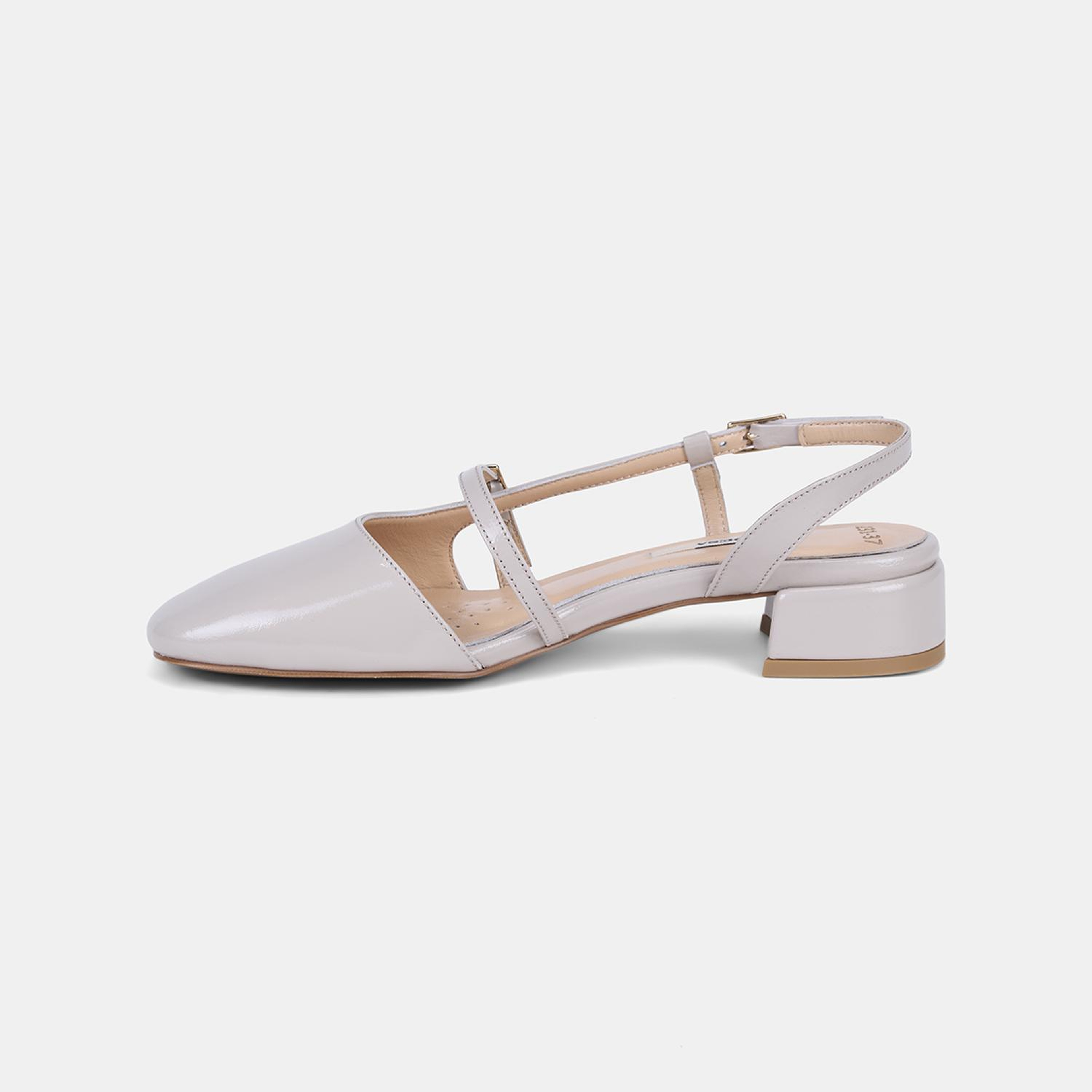 Kadın Bej İnce Bantlı Slingback Kısa Topuklu Rugan Deri Ayakkabı
