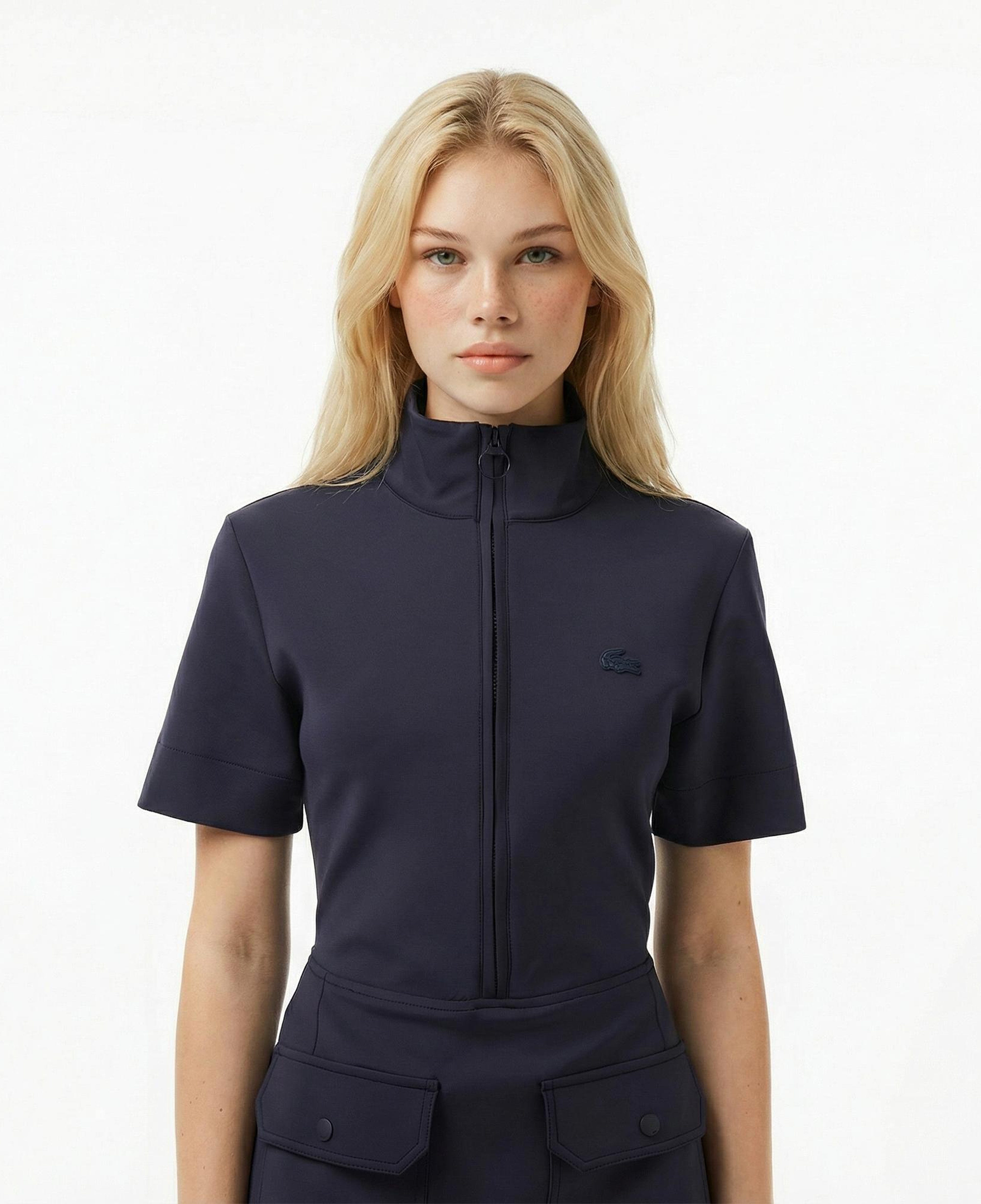 Lacoste Kadın Classic Fit Kısa Kollu Dik Yaka Koyu Mavi Elbise