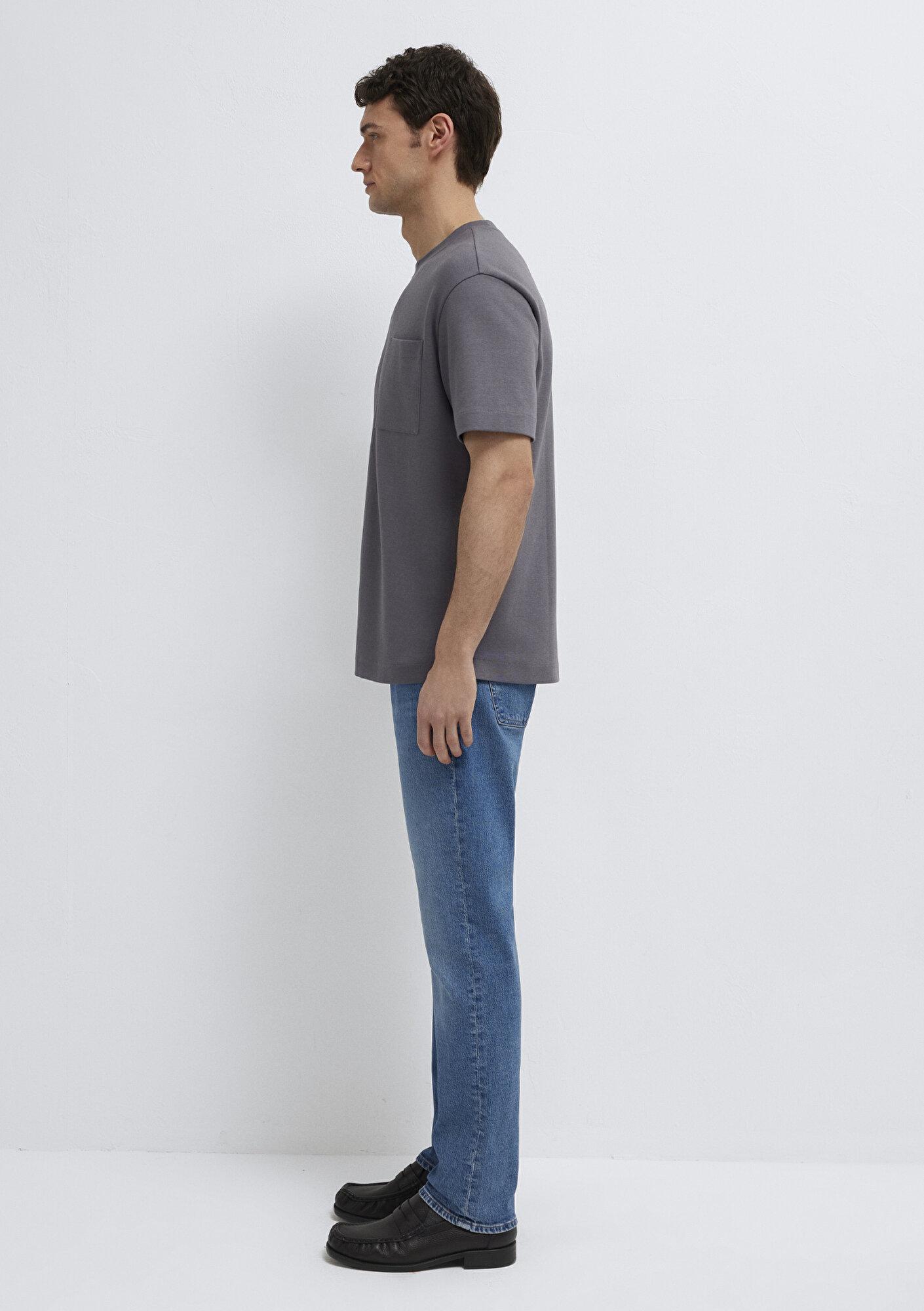 Mavi Cepli Antrasit Basic Tişört Loose Fit / Bol Rahat Kesim 0613339-90721