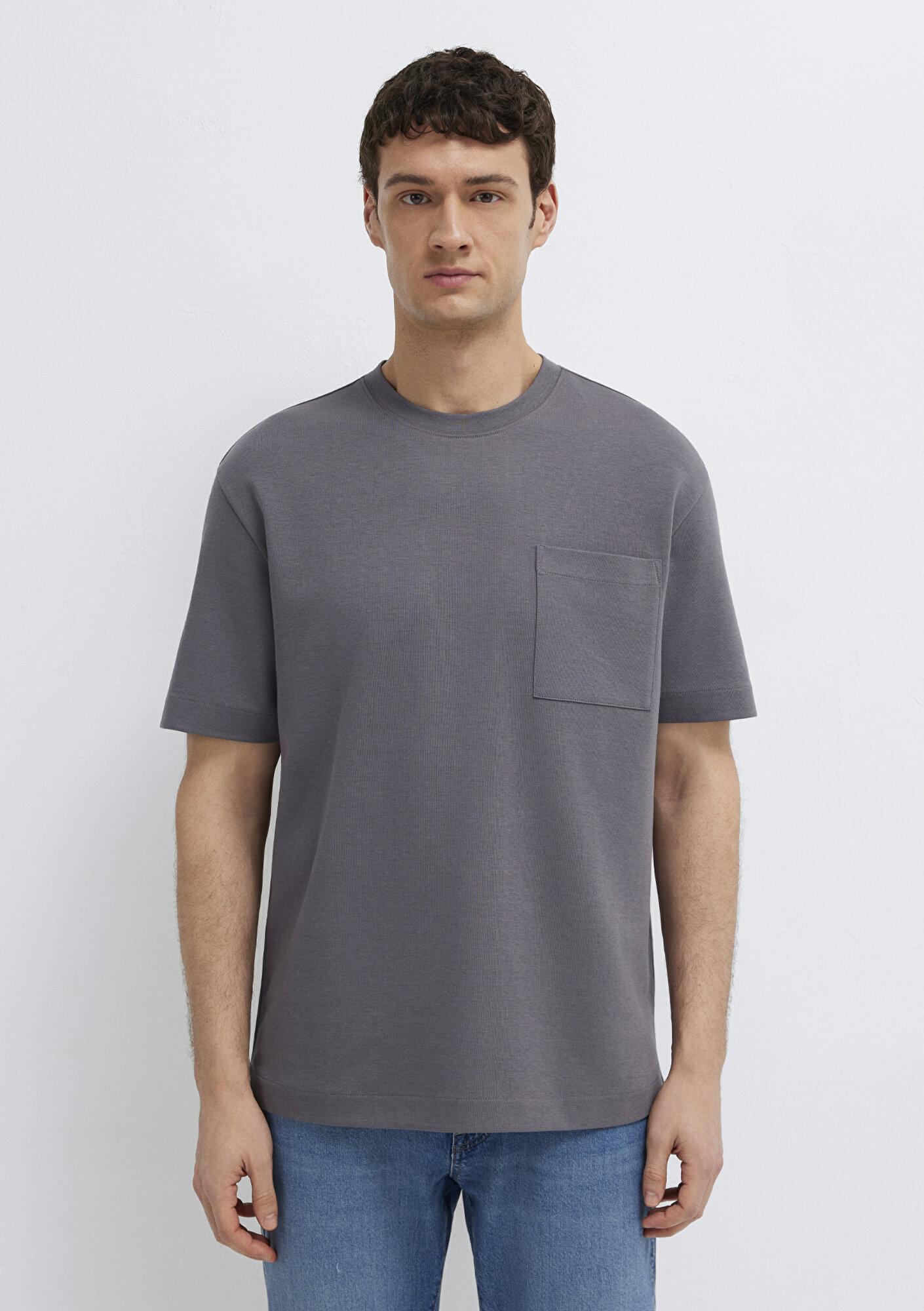 Mavi Cepli Antrasit Basic Tişört Loose Fit / Bol Rahat Kesim 0613339-90721