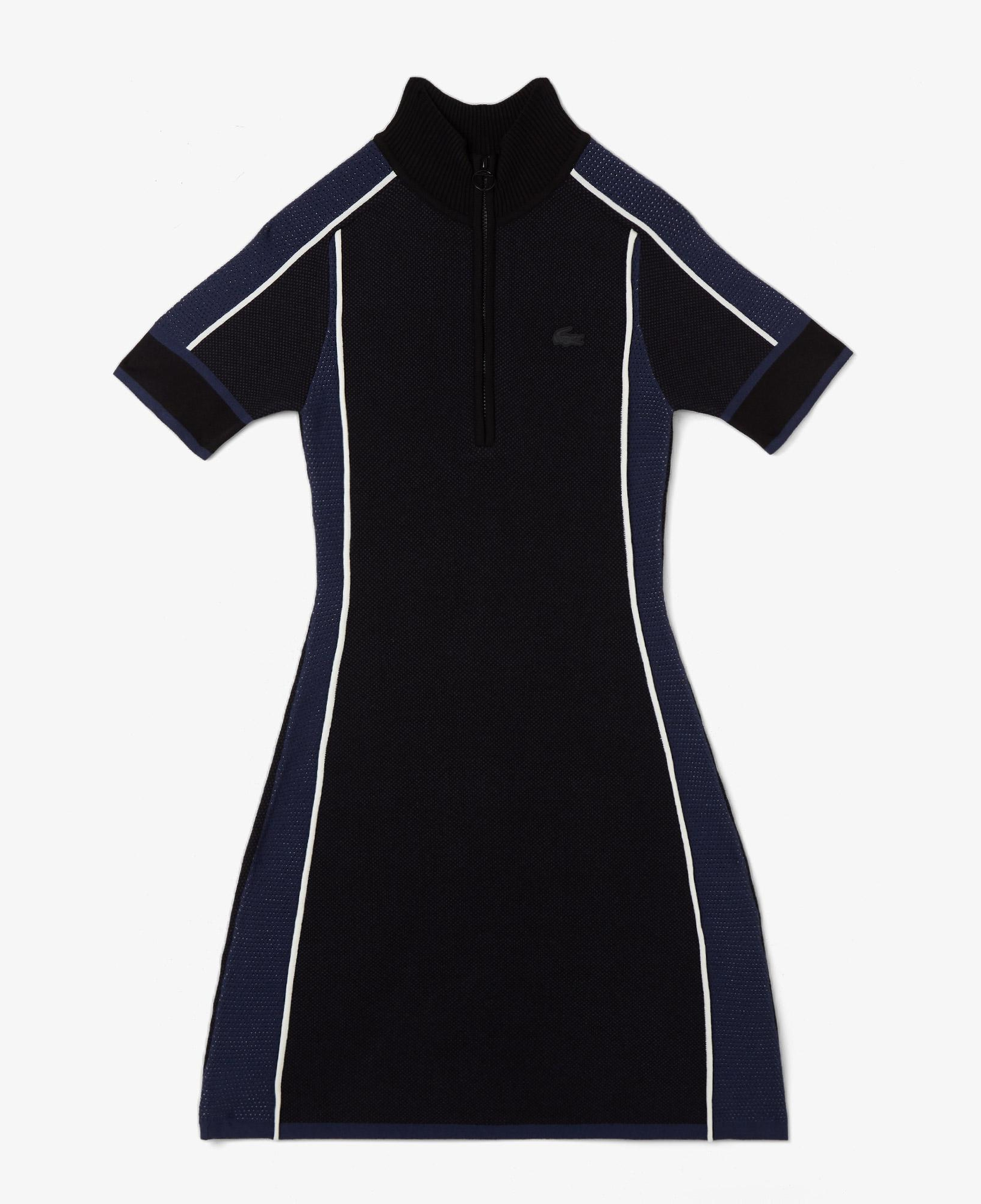 Lacoste Kadın Classic Fit Kısa Kollu Yarım Fermuarlı Renk Bloklu Siyah Elbise