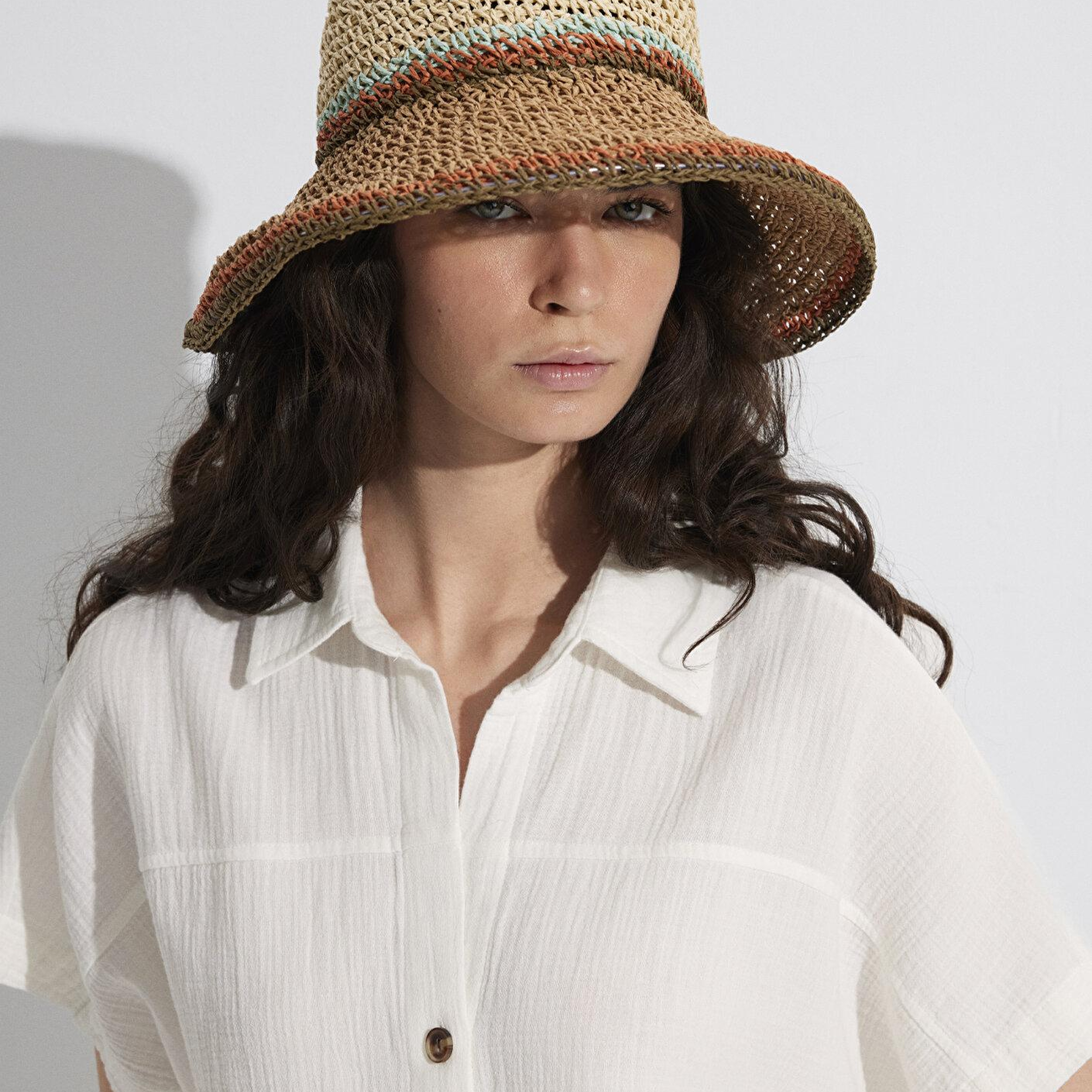 Mavi Bej Hasır Bucket Şapka 1910085-70202