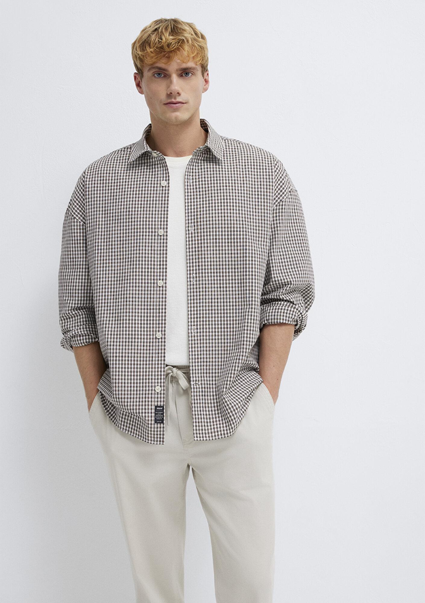 Mavi Kahverengi Ekose Gömlek Oversize / Geniş Kesim 0211870-91413