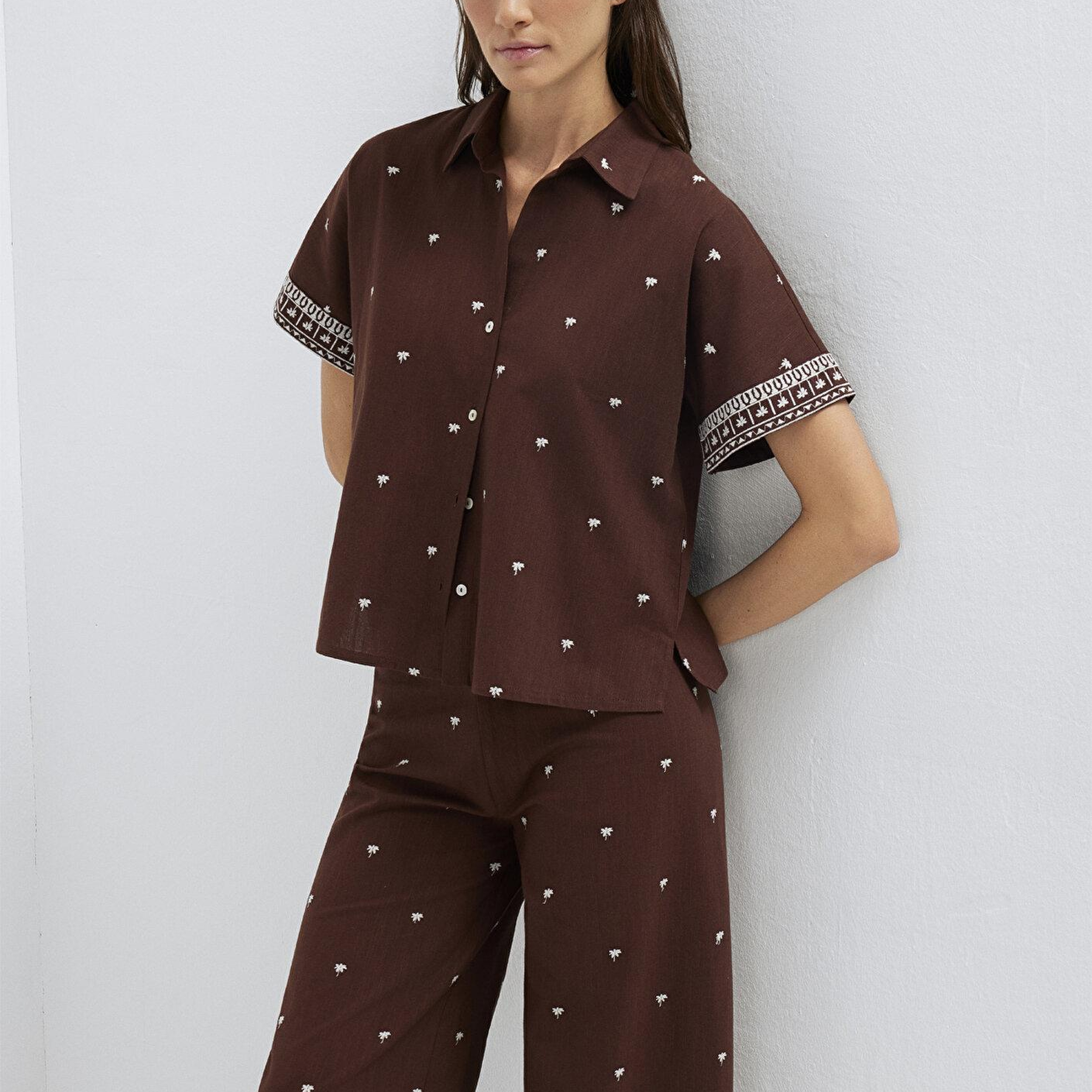 Mavi Etnik Baskılı Kahverengi Gömlek Loose Fit / Bol Rahat Kesim 1211439-91493