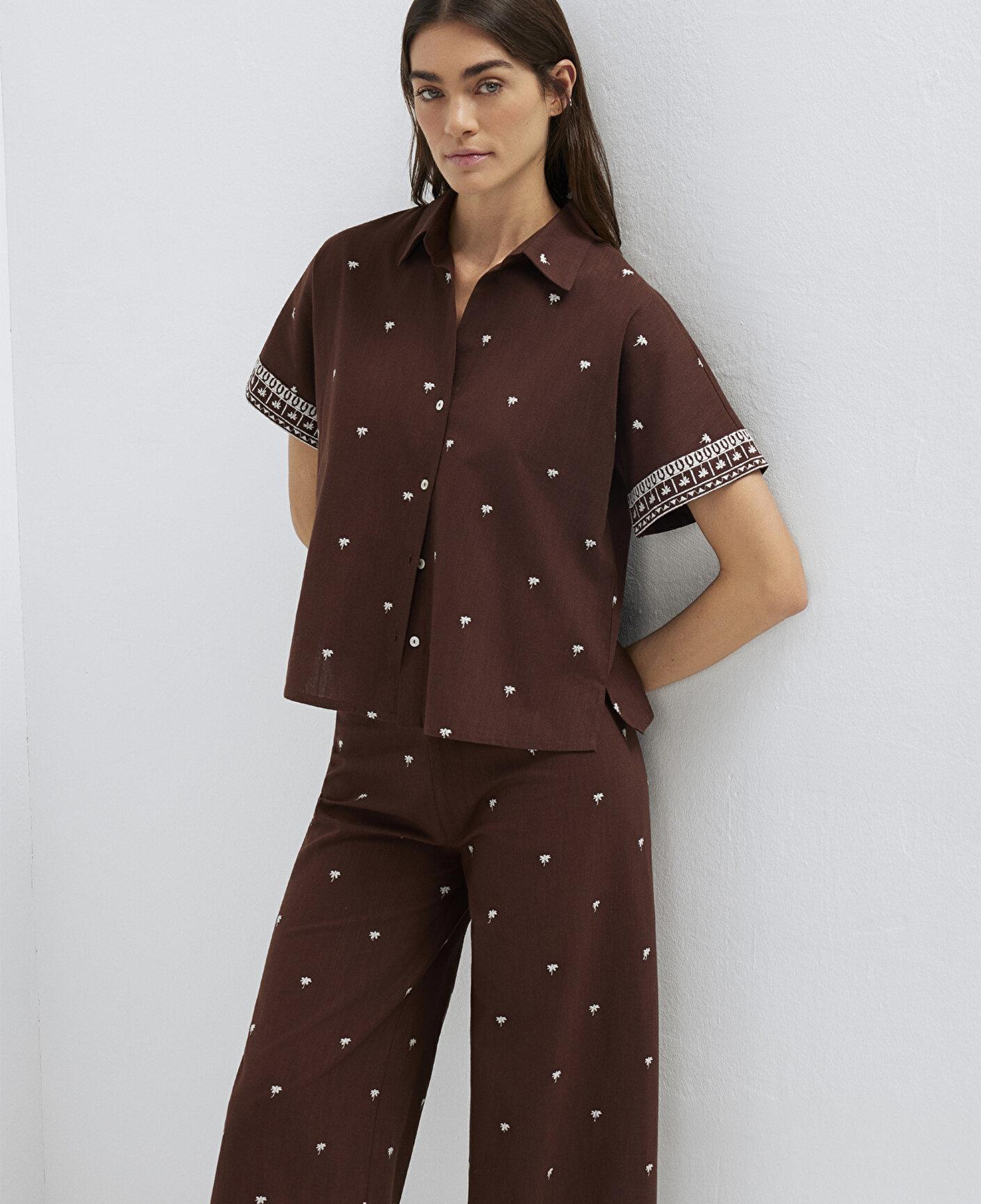 Mavi Etnik Baskılı Kahverengi Gömlek Loose Fit / Bol Rahat Kesim 1211439-91493