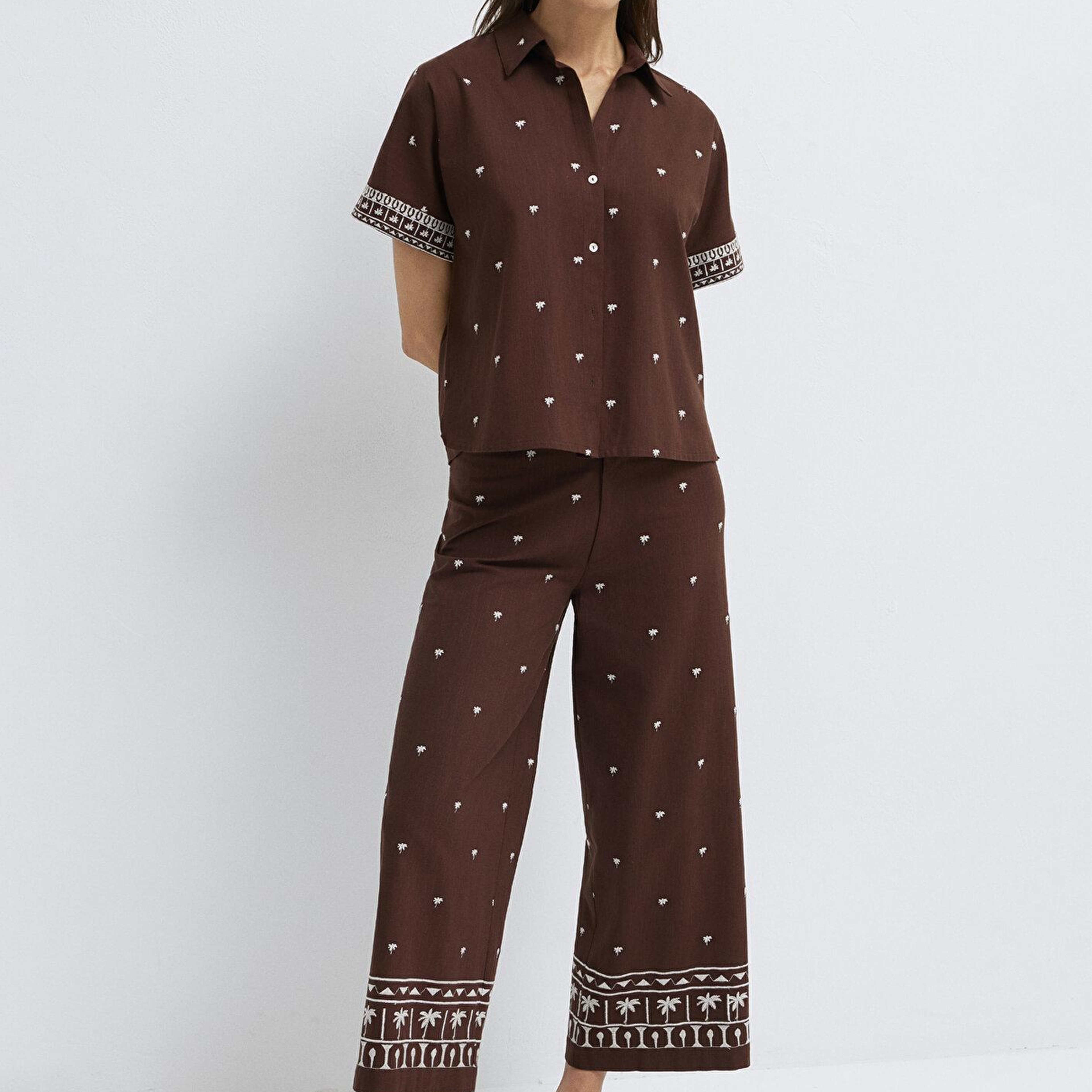 Mavi Etnik Baskılı Kahverengi Gömlek Loose Fit / Bol Rahat Kesim 1211439-91493