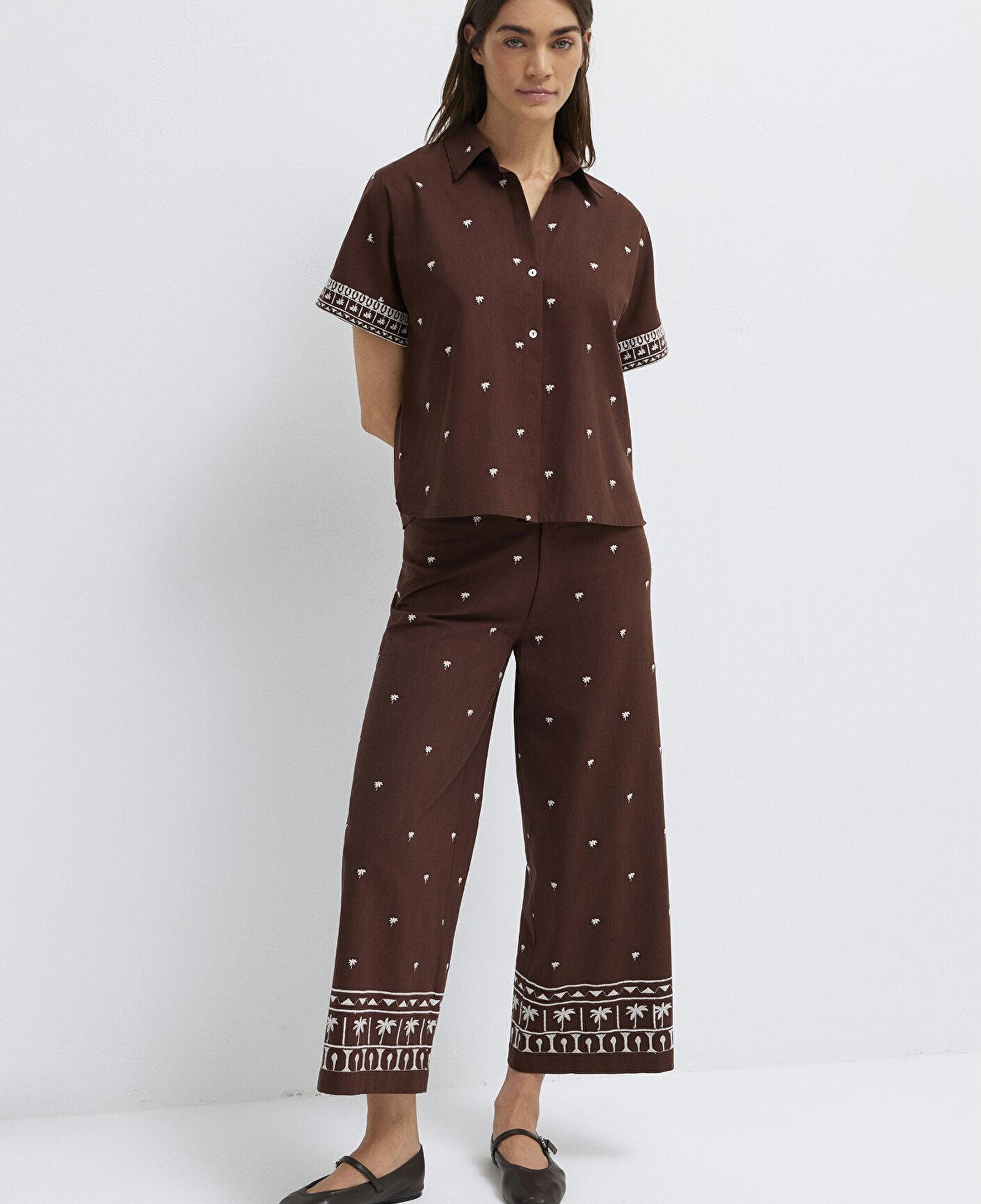 Mavi Etnik Baskılı Kahverengi Gömlek Loose Fit / Bol Rahat Kesim 1211439-91493