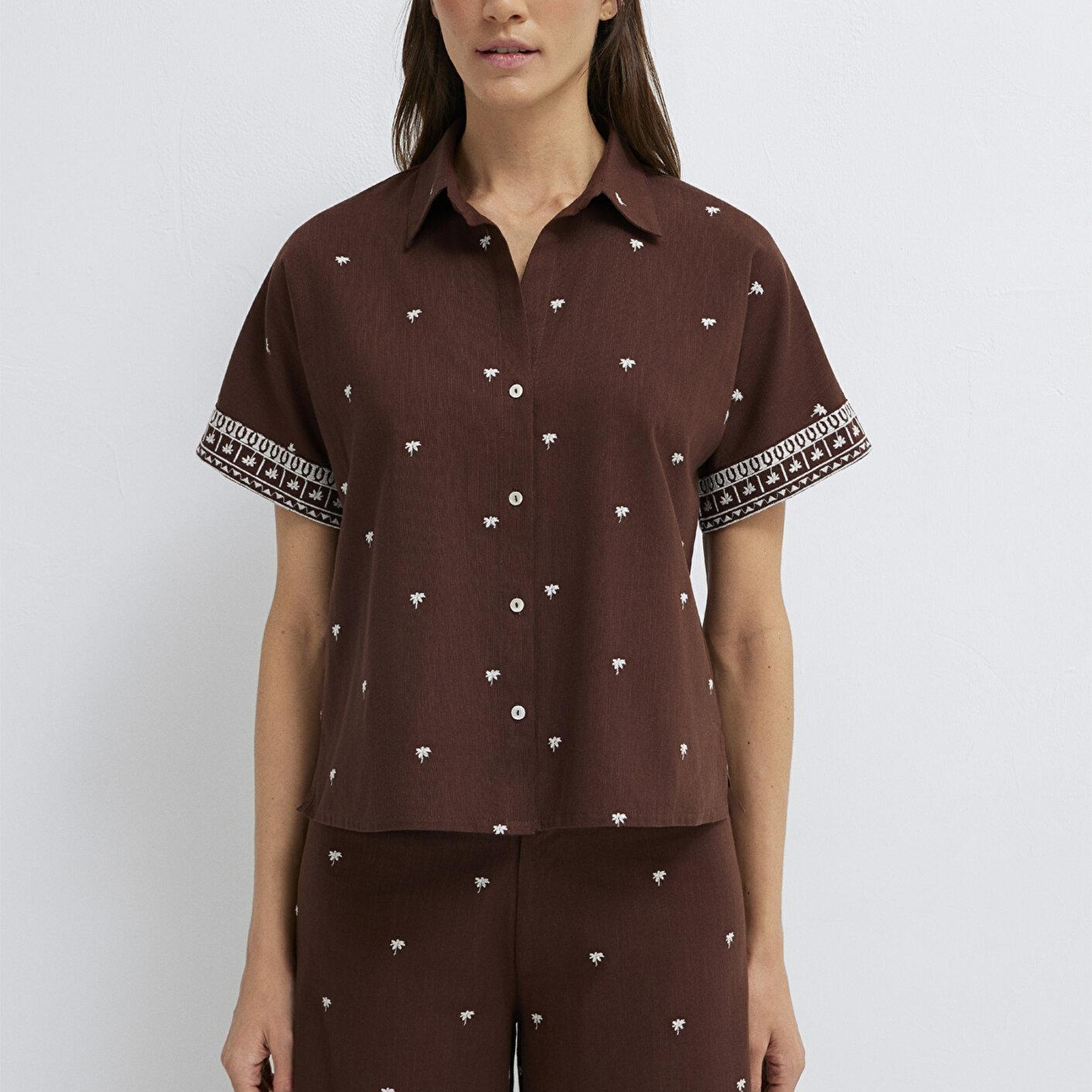 Mavi Etnik Baskılı Kahverengi Gömlek Loose Fit / Bol Rahat Kesim 1211439-91493